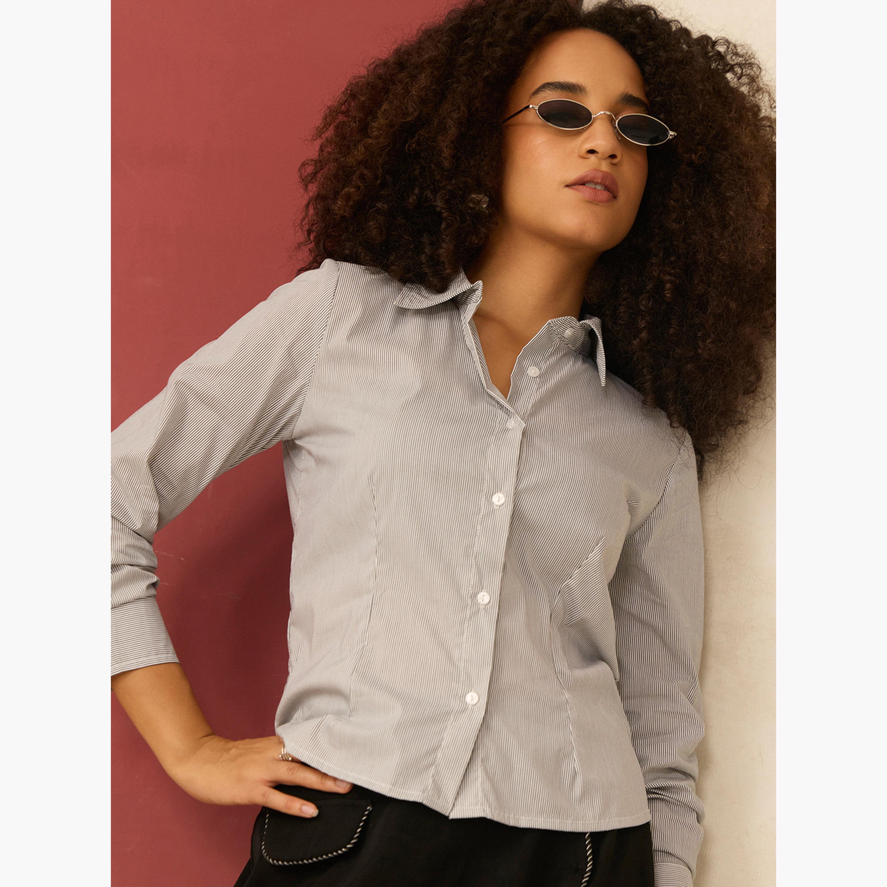 أوتزيدر × ستايلي - قميص قصير مخطط باللون الرمادي-women-clothing-shirtsandblouses-shirts-image-3