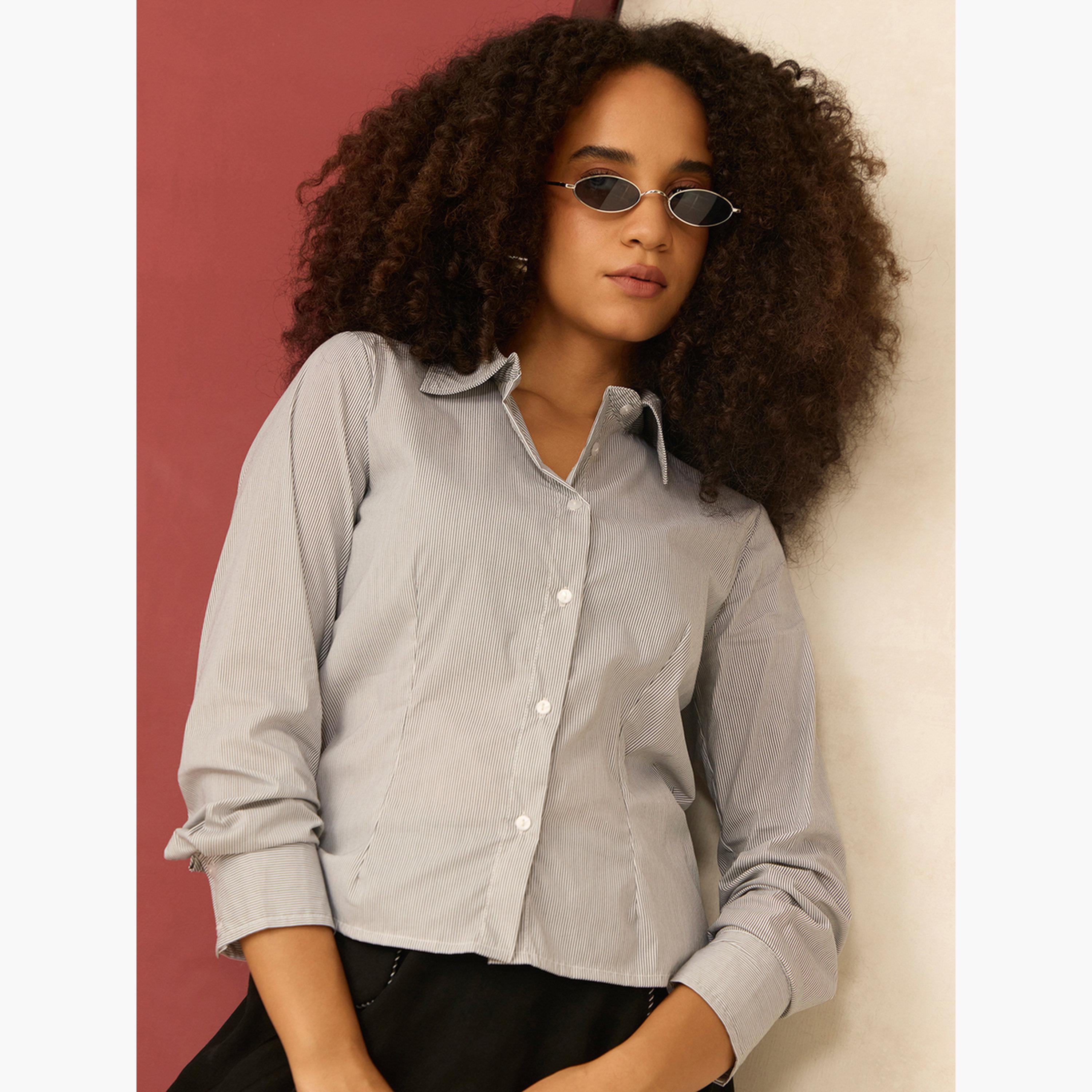 أوتزيدر × ستايلي - قميص قصير مخطط باللون الرمادي-women-clothing-shirtsandblouses-shirts-image-4