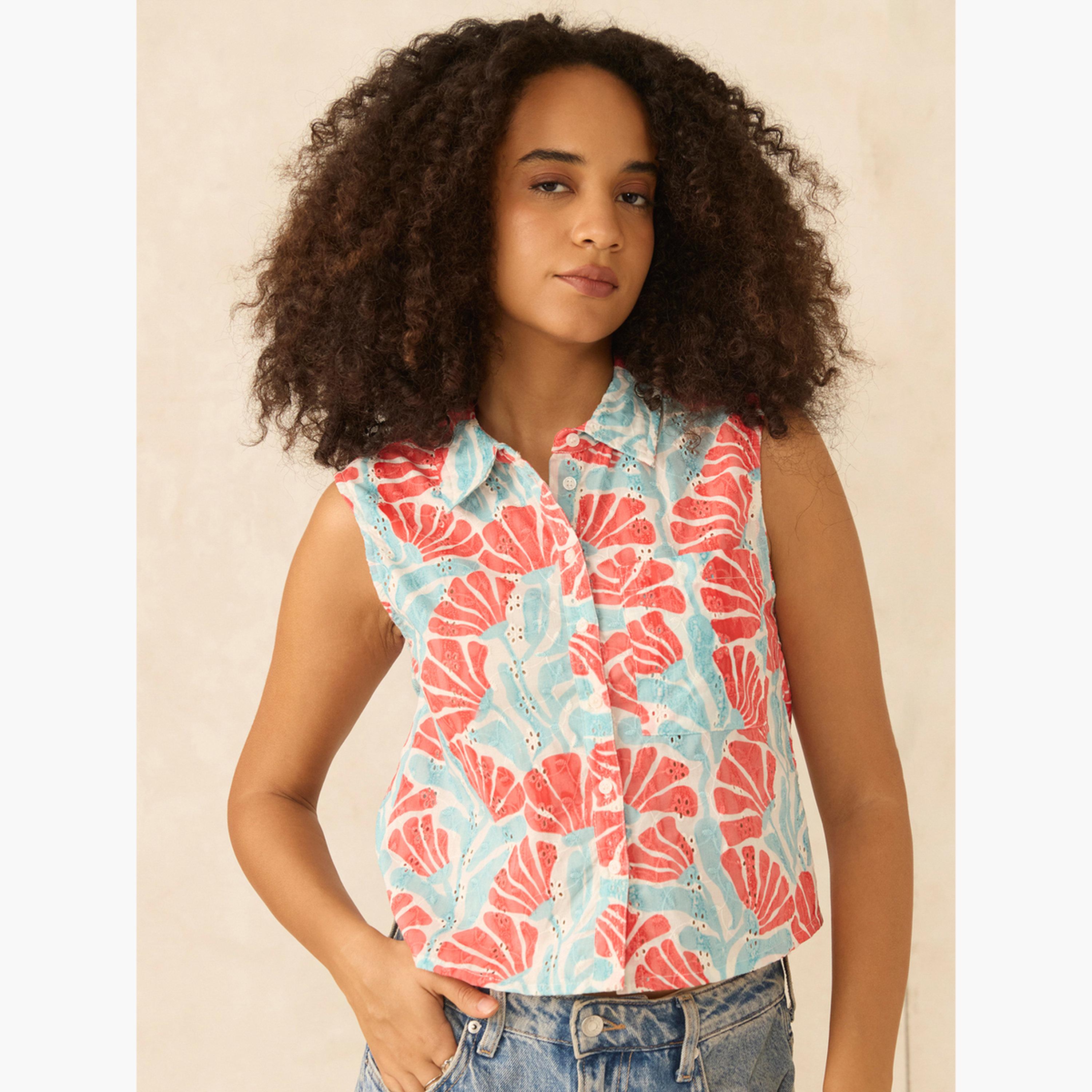 أوتزيدر × ستايلي - قميص شيفلي قصير بدون أكمام متعدد الألوان-women-clothing-shirtsandblouses-shirts-image-1