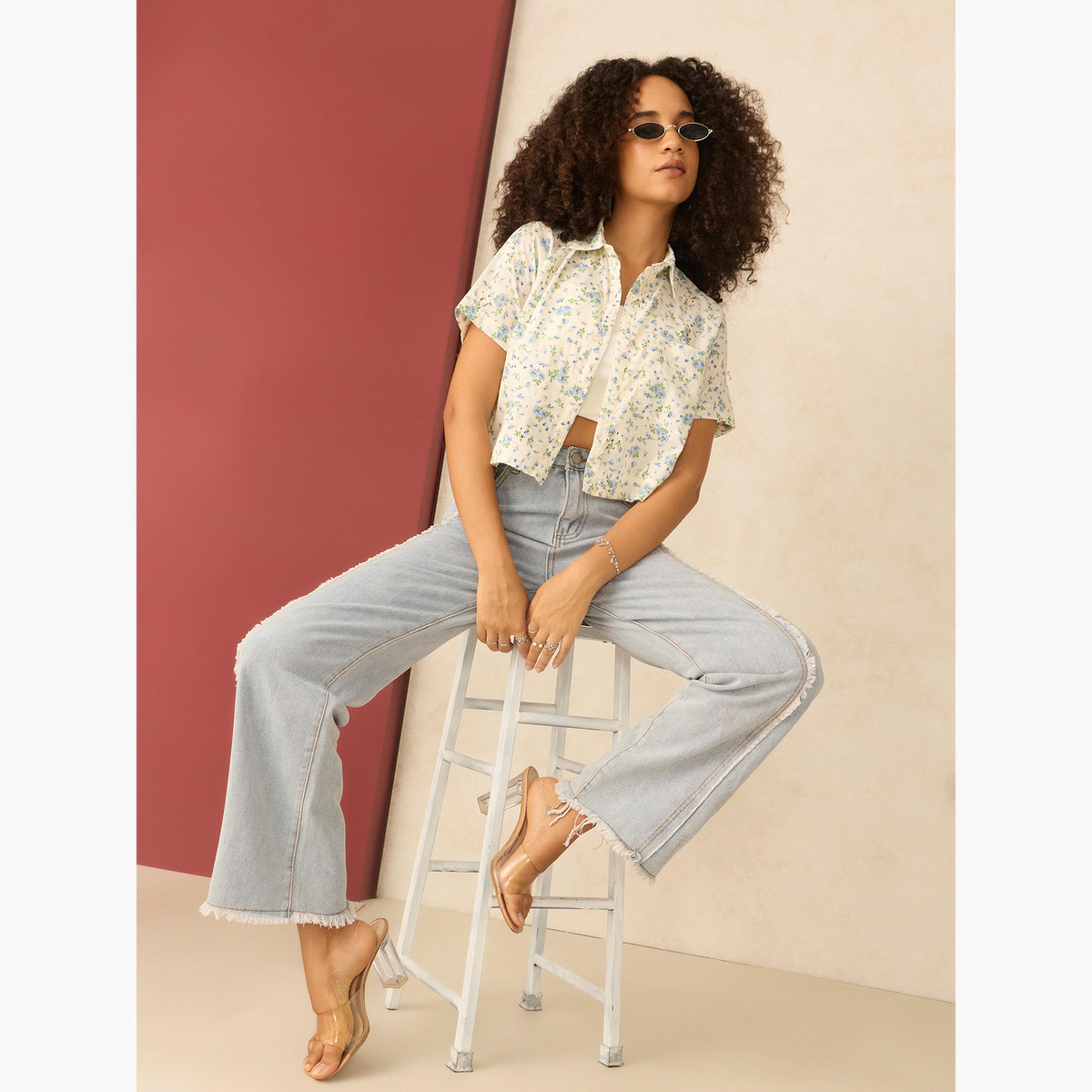 Outzidr X Styli White Floral Priint Crop Shirt-women-clothing-shirtsandblouses-shirts-image-2