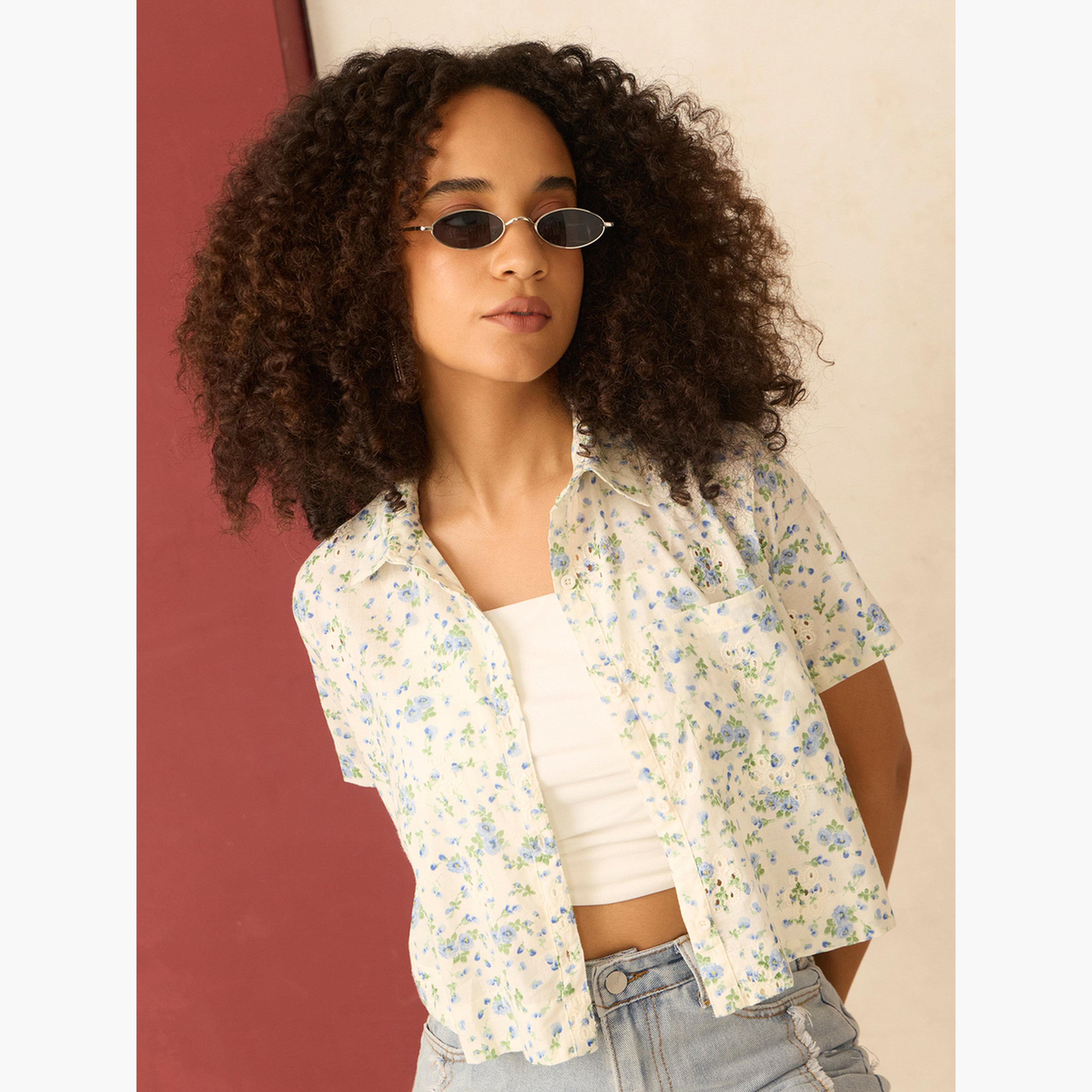 Outzidr X Styli White Floral Priint Crop Shirt-women-clothing-shirtsandblouses-shirts-image-4