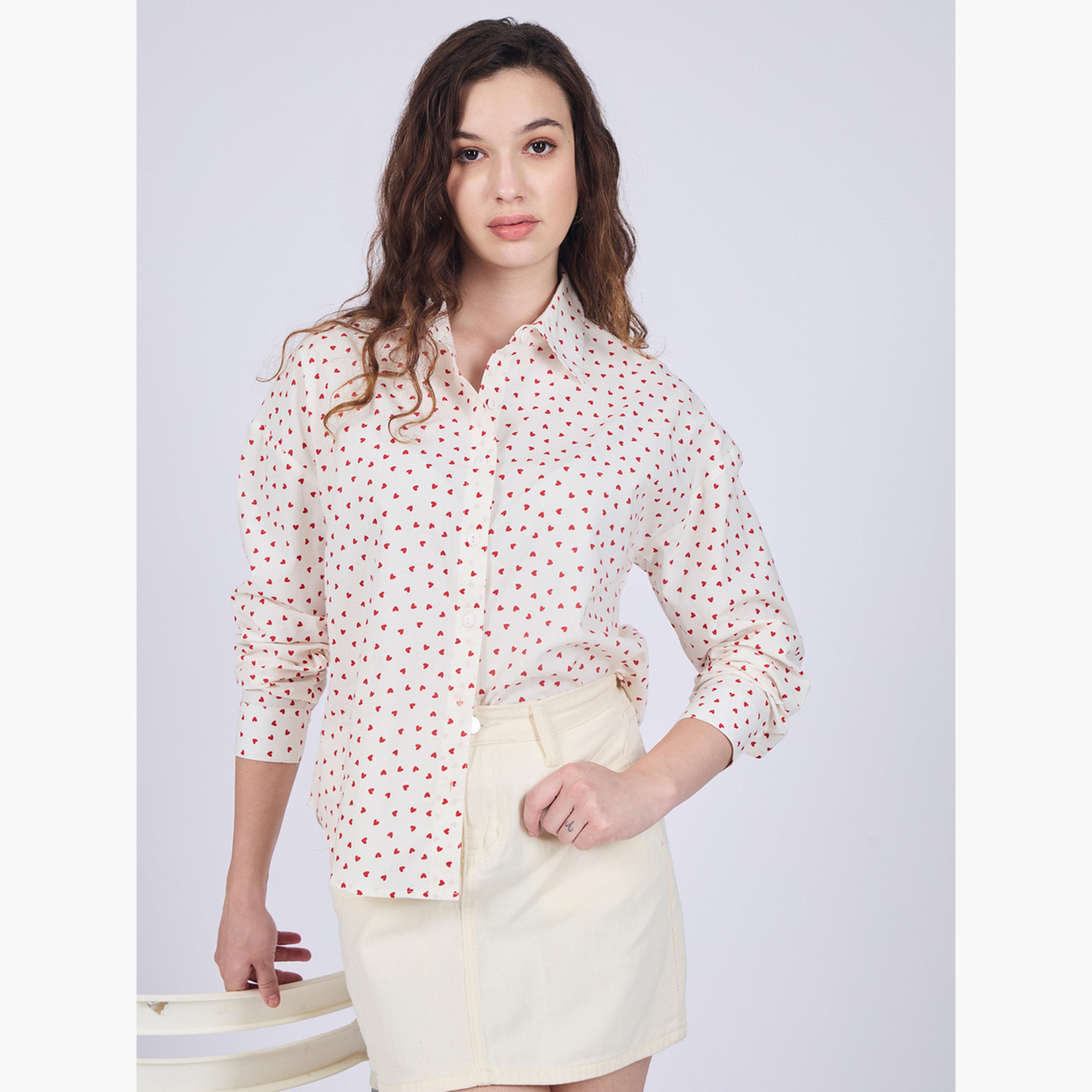 Outzidr X Styli White Ditsy Heart Print Cotton Shirt-women-clothing-shirtsandblouses-shirts-image-1