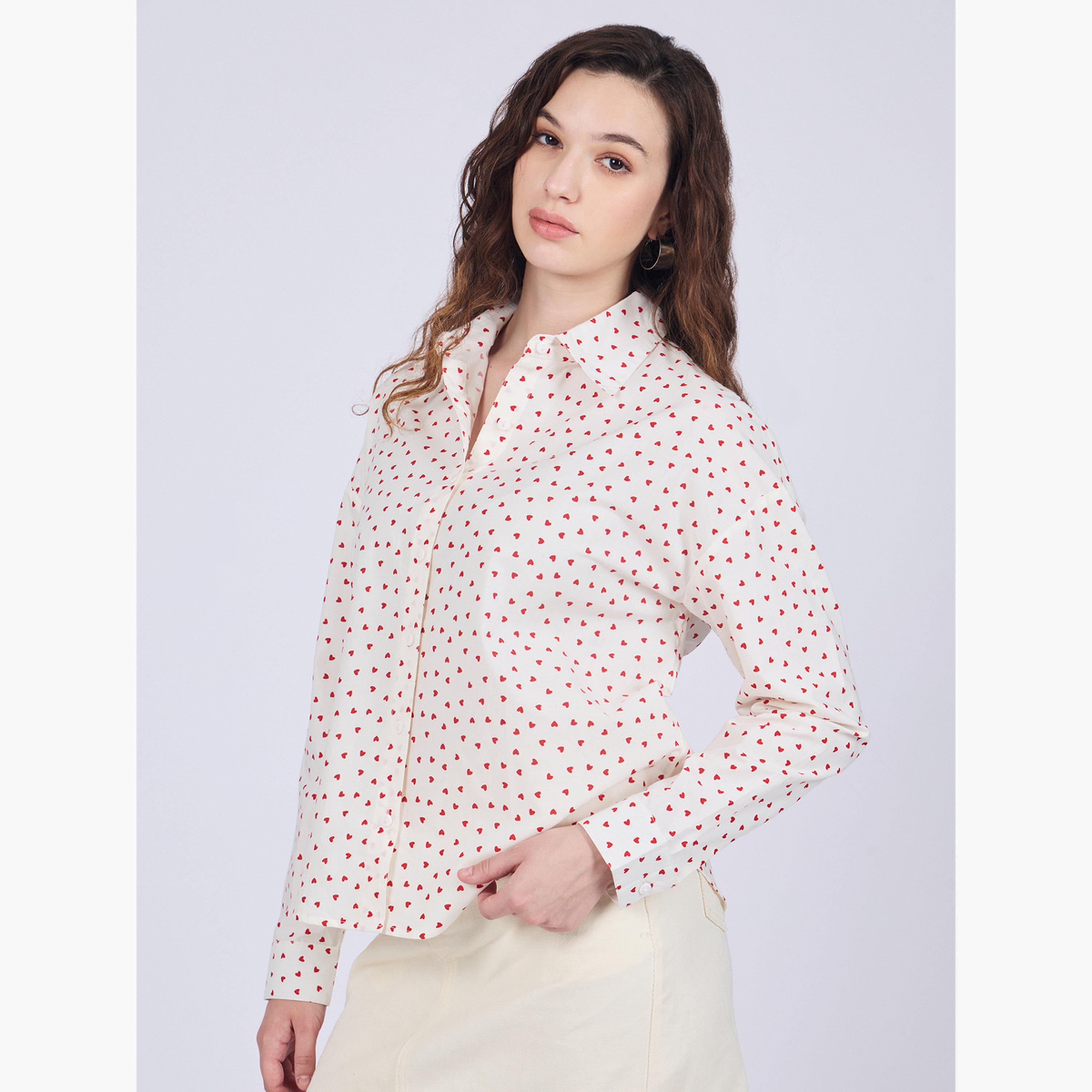 Outzidr X Styli White Ditsy Heart Print Cotton Shirt-women-clothing-shirtsandblouses-shirts-image-3