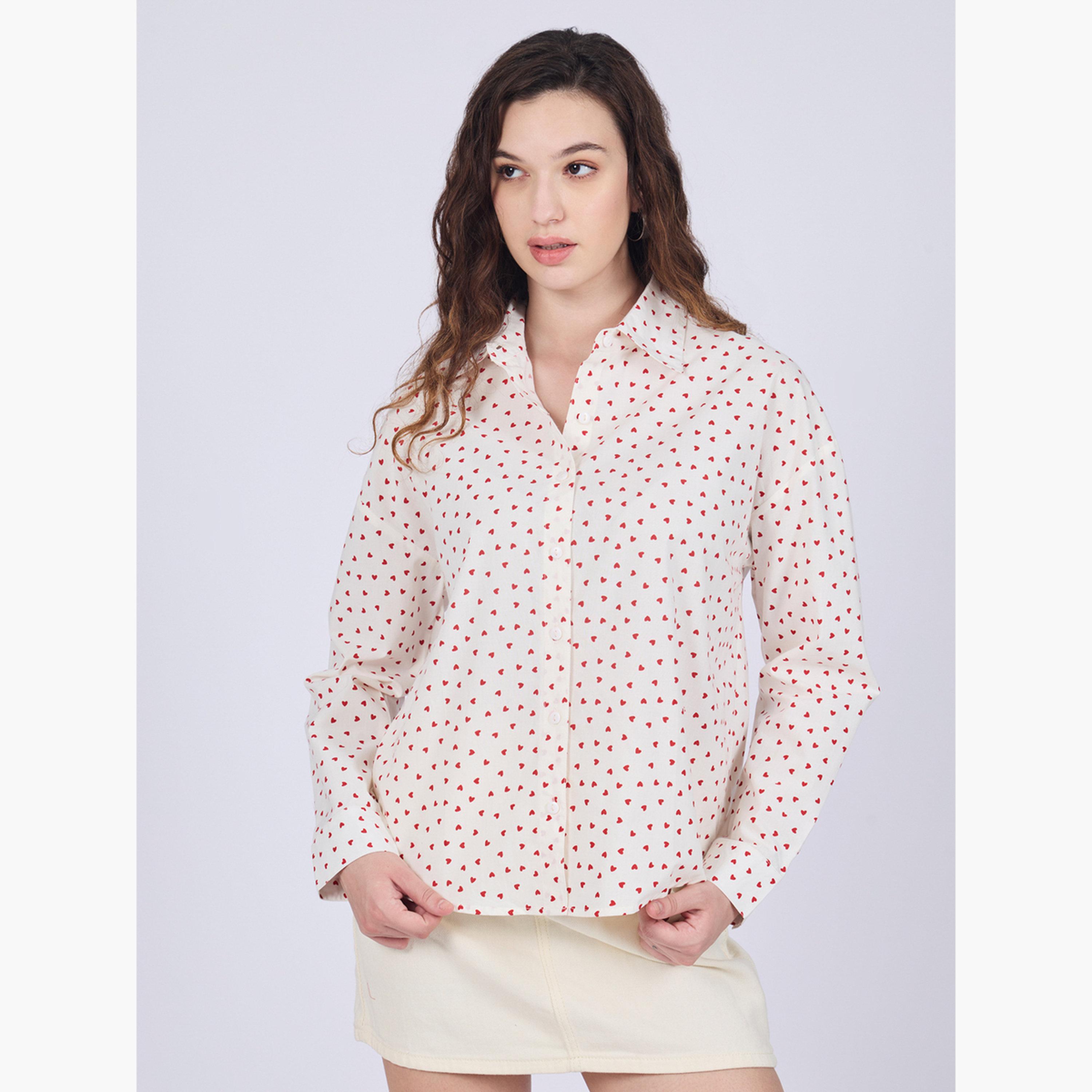 Outzidr X Styli White Ditsy Heart Print Cotton Shirt-women-clothing-shirtsandblouses-shirts-image-5