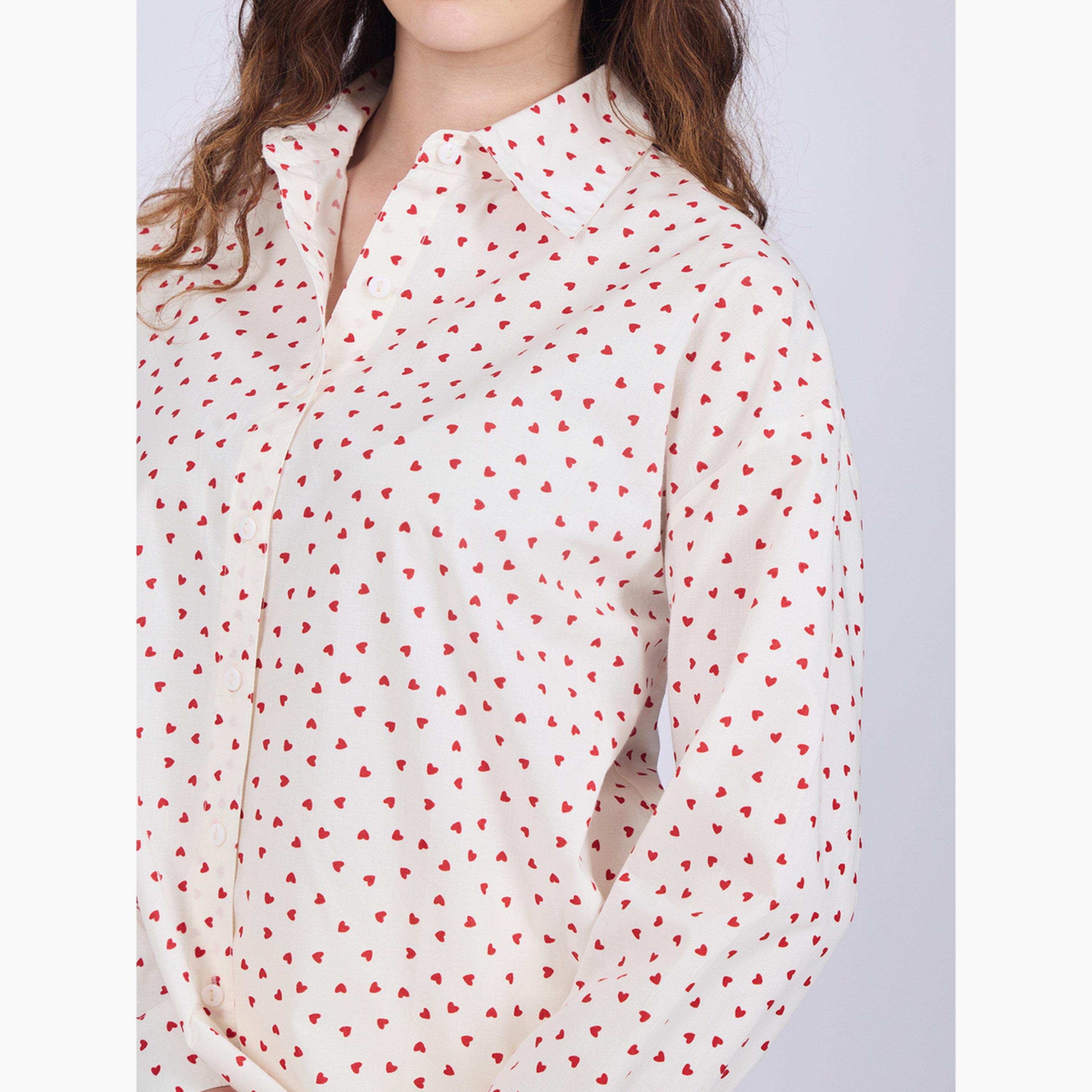Outzidr X Styli White Ditsy Heart Print Cotton Shirt-women-clothing-shirtsandblouses-shirts-image-6