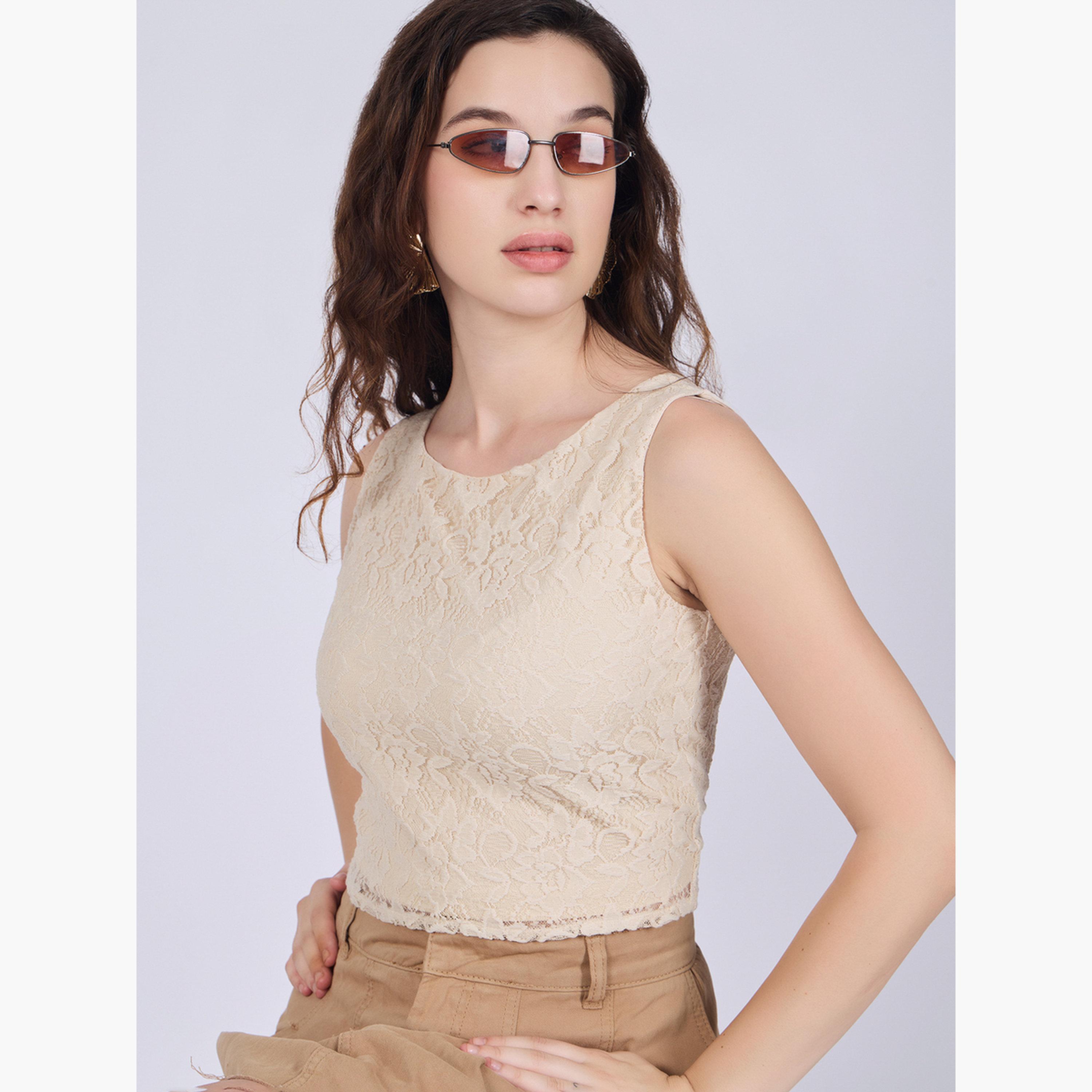Outzidr X Styli Beige Fitted Lace Top-women-clothing-shirtsandblouses-blouses-image-4