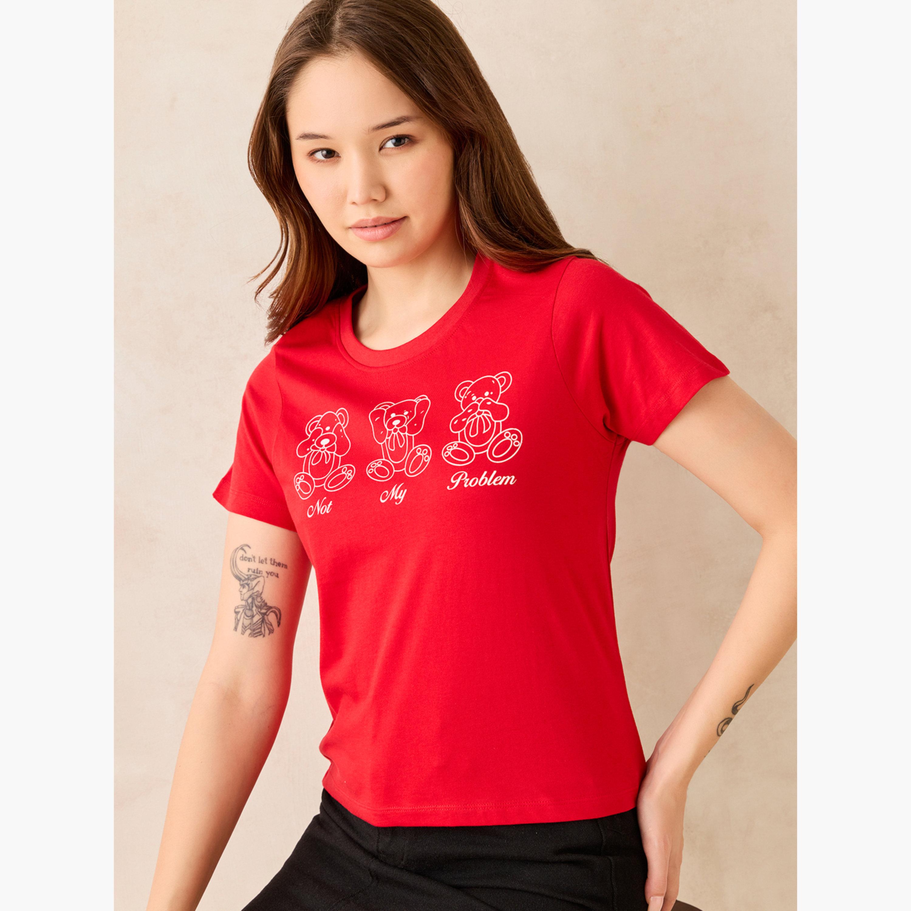 أوتزيدر × ستايلي - تي شيرت أحمر برقبة دائرية ورسومات غرافيكية - قطن 100%-women-clothing-tshirts-image-1