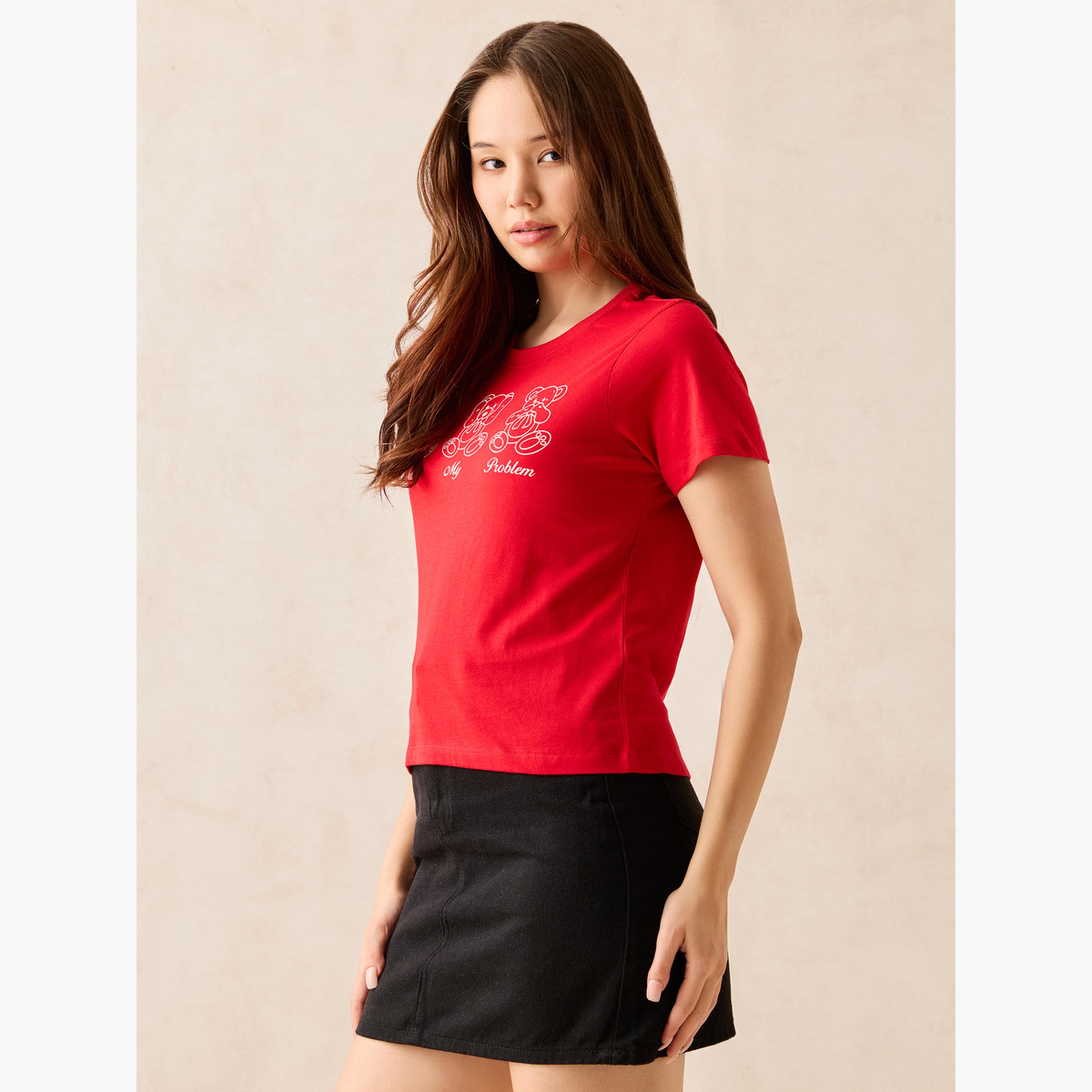Outzidr X Styli Red Crew Neck Graphic T-Shirt -100% Cotton-women-clothing-tshirts-image-2