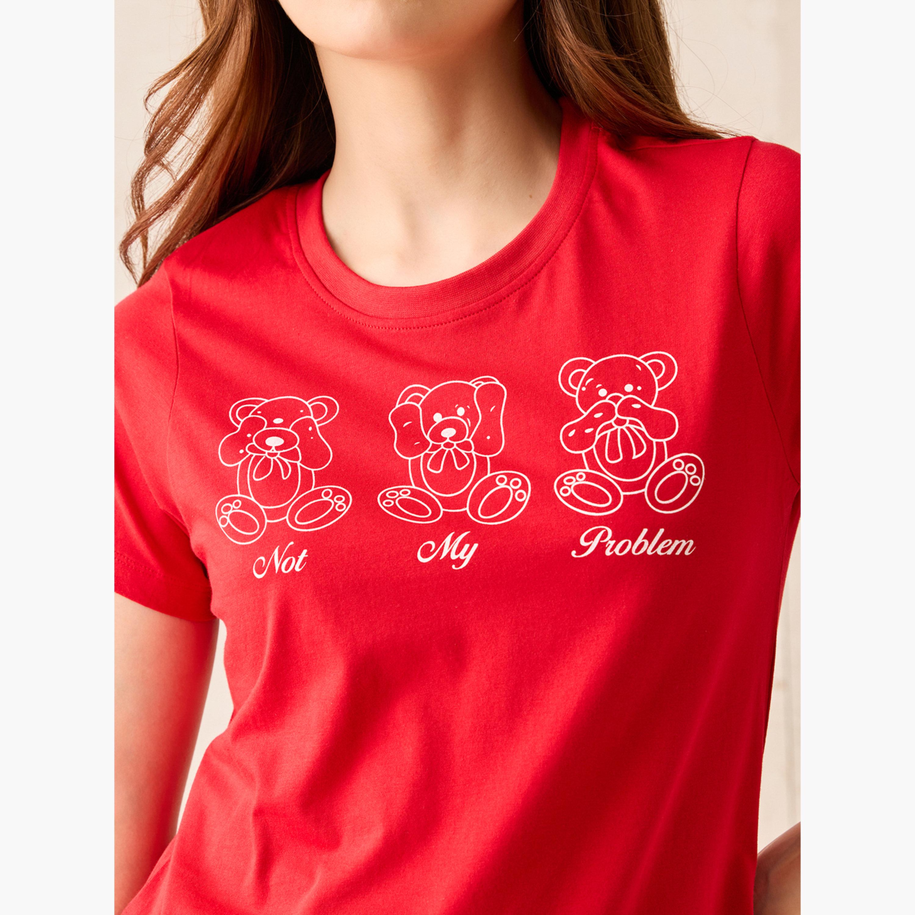 Outzidr X Styli Red Crew Neck Graphic T-Shirt -100% Cotton-women-clothing-tshirts-image-3