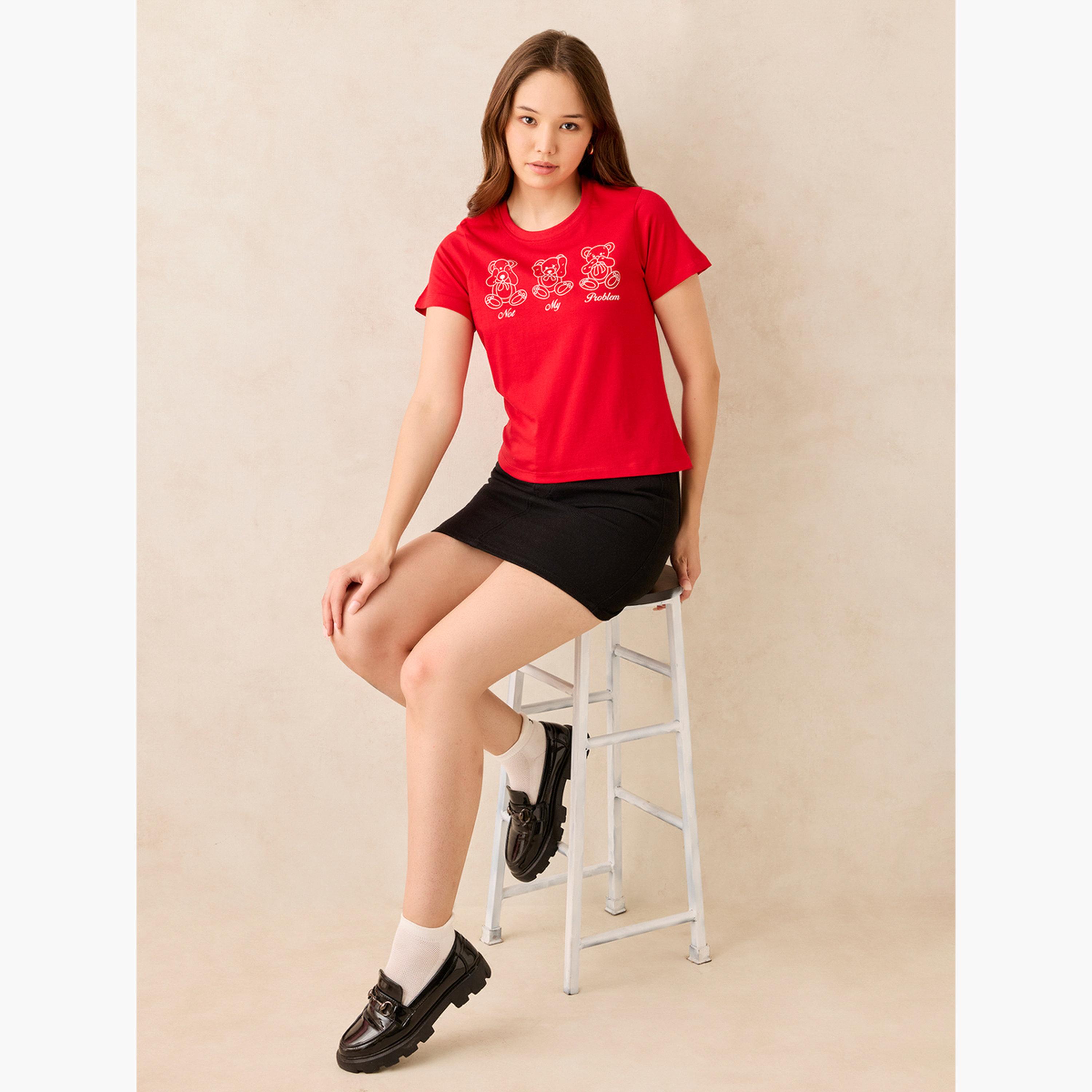 Outzidr X Styli Red Crew Neck Graphic T-Shirt -100% Cotton-women-clothing-tshirts-image-5