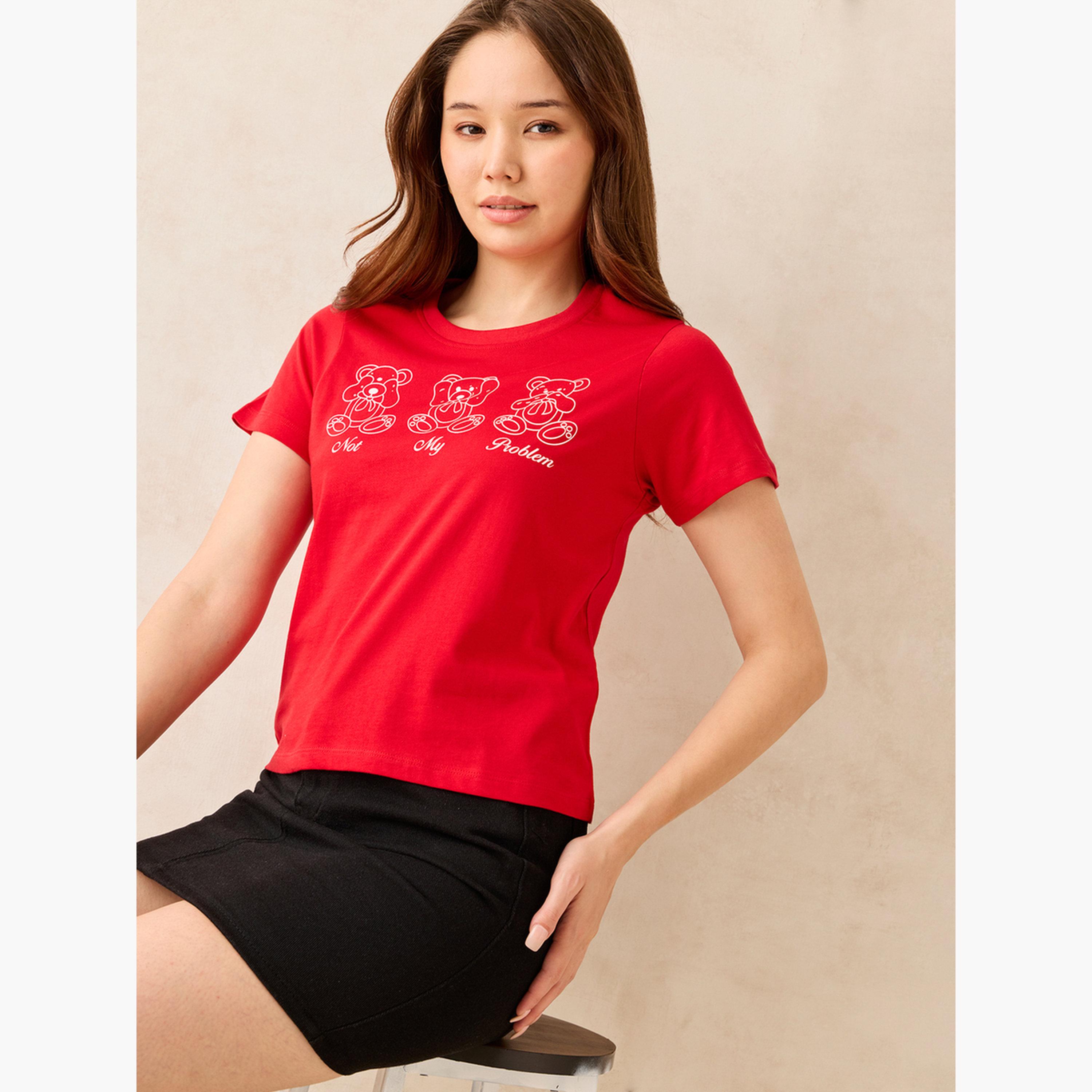 Outzidr X Styli Red Crew Neck Graphic T-Shirt -100% Cotton-women-clothing-tshirts-image-6