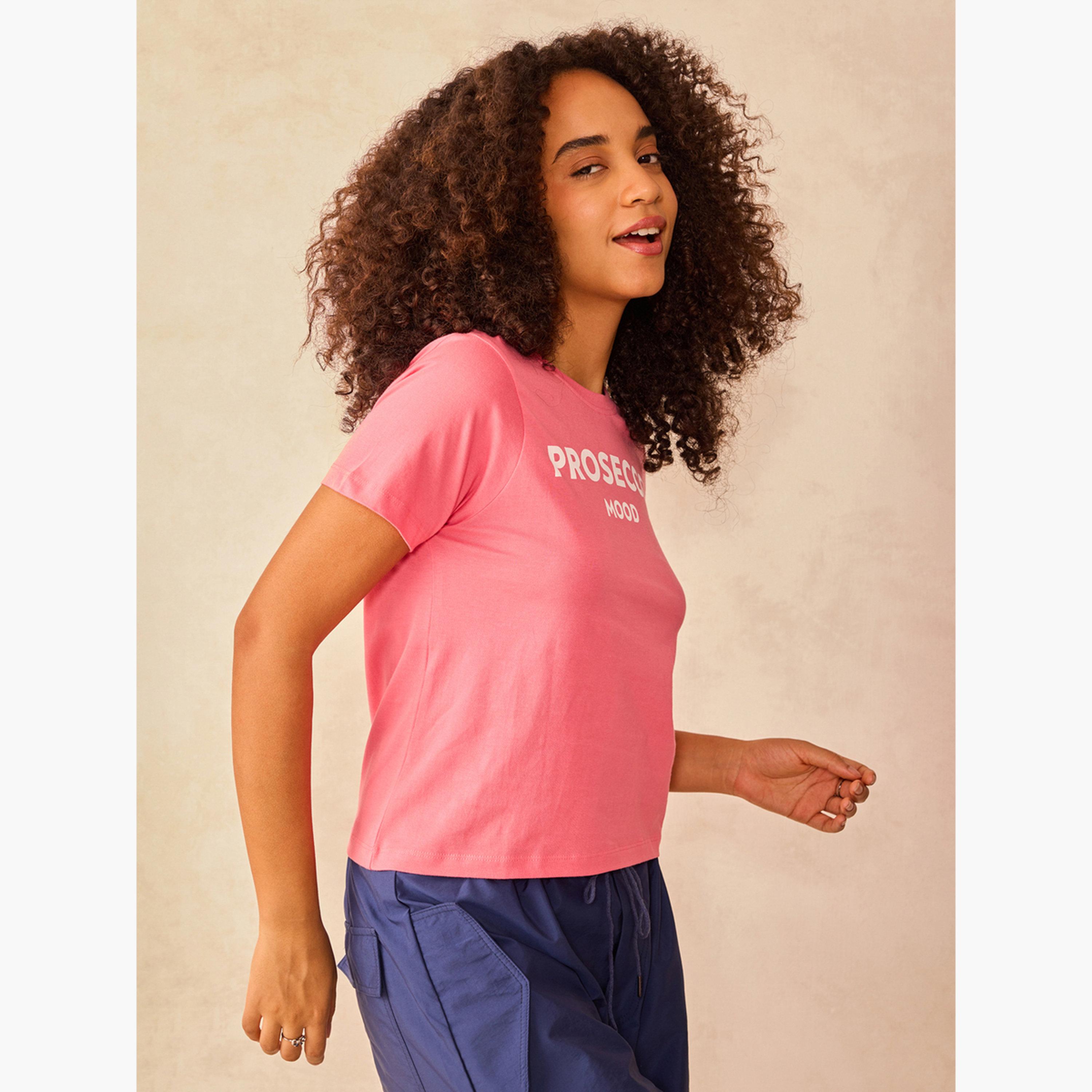 Outzidr X Styli Pink Crew Neck Graphic T-Shirt - 100% Cotton-women-clothing-tshirts-image-3