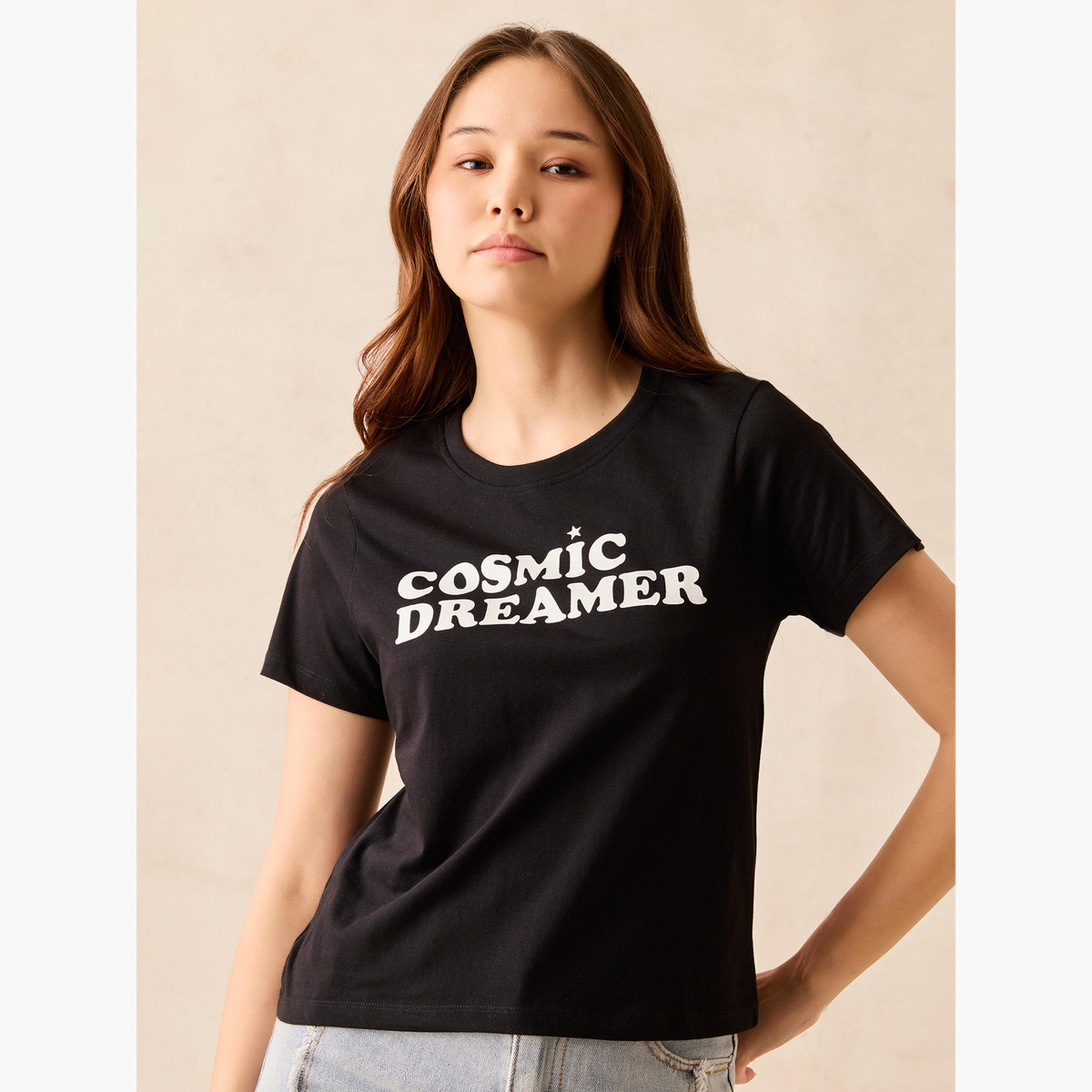 أوتزيدر × ستايلي - تي شيرت أسود برسومات غرافيكية ورقبة دائرية - 100% قطن-women-clothing-tshirts-image-1