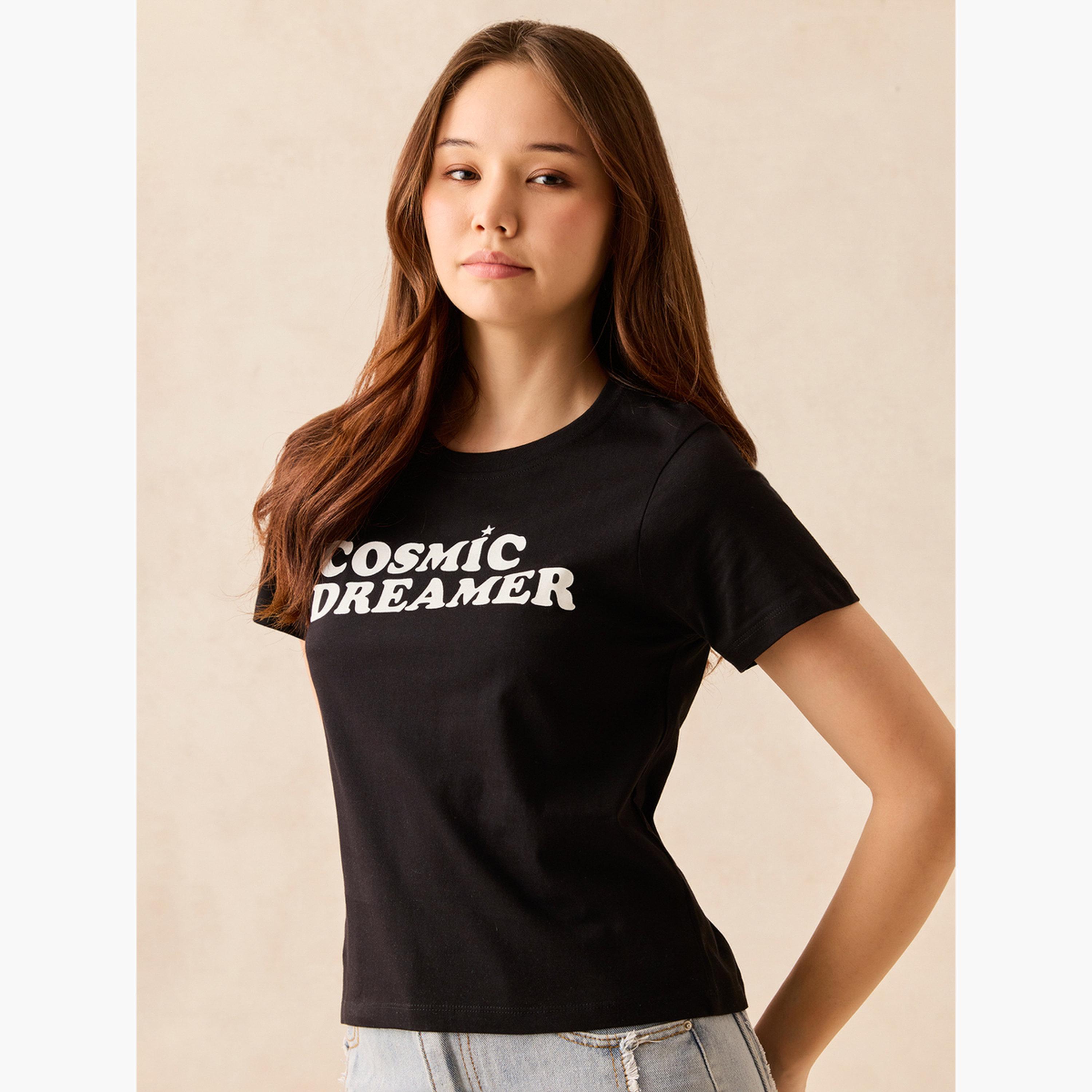 أوتزيدر × ستايلي - تي شيرت أسود برسومات غرافيكية ورقبة دائرية - 100% قطن-women-clothing-tshirts-image-3