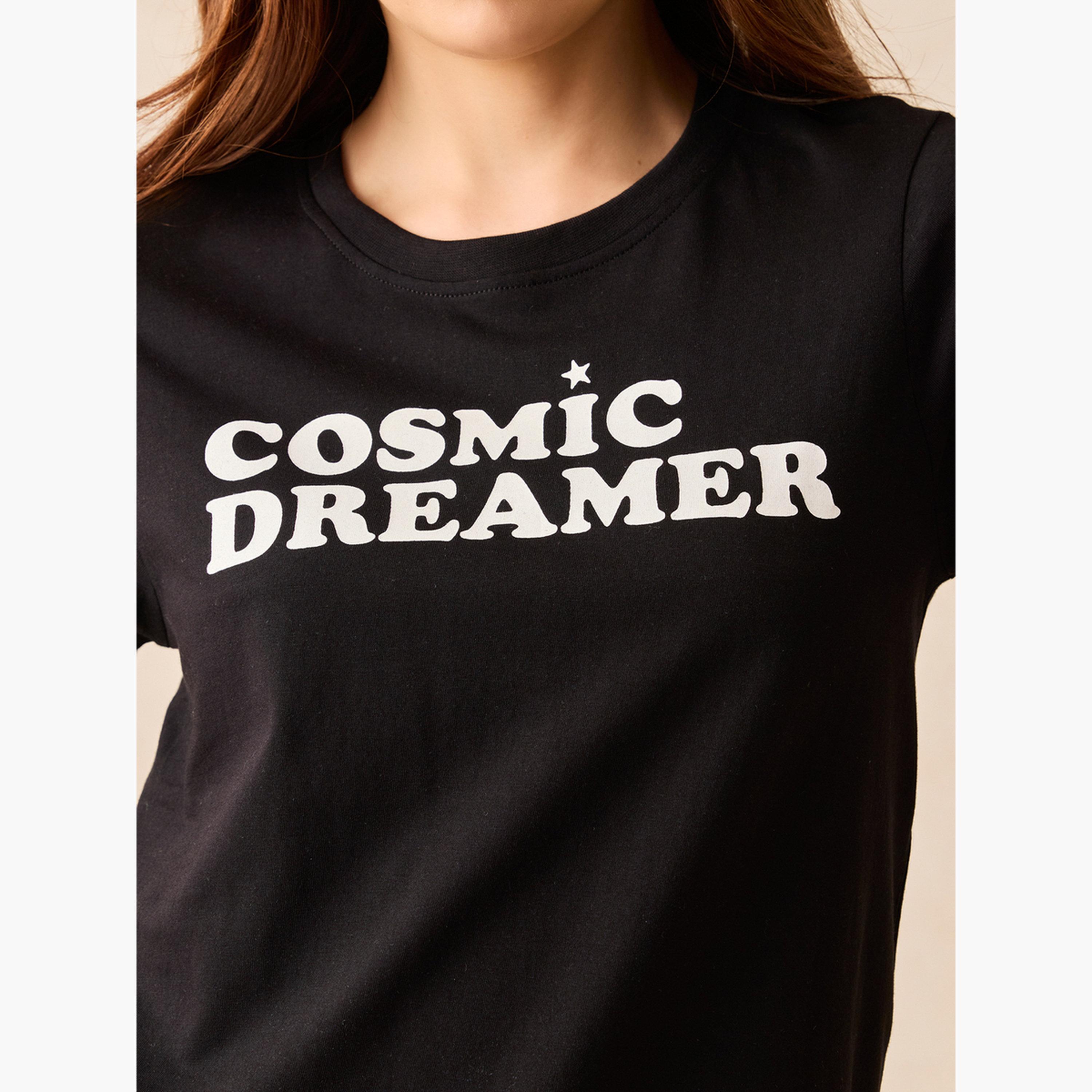 Outzidr X Styli Black Graphic Crew Neck T-Shirt - 100% Cotton-women-clothing-tshirts-image-4
