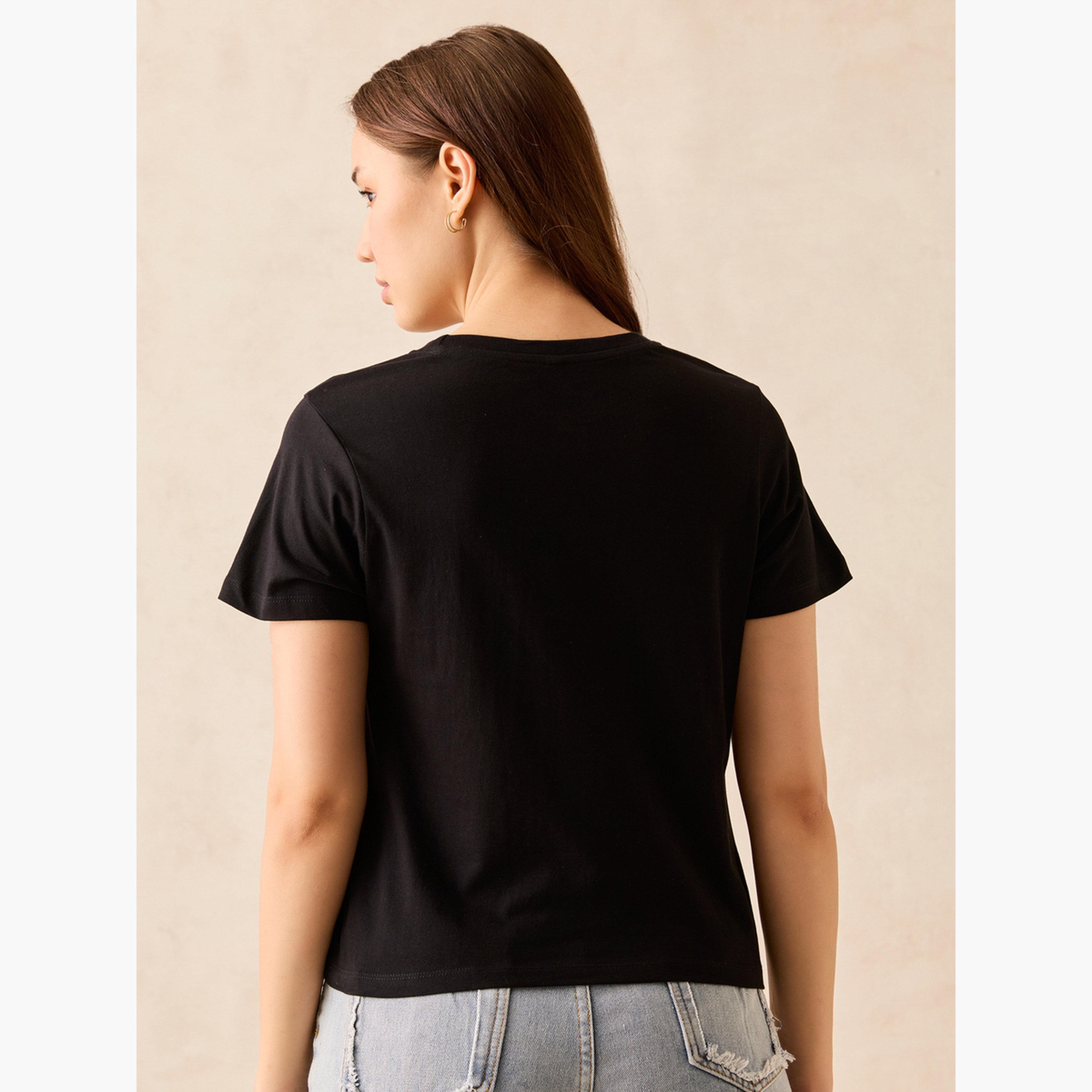 Outzidr X Styli Black Graphic Crew Neck T-Shirt - 100% Cotton-women-clothing-tshirts-image-5