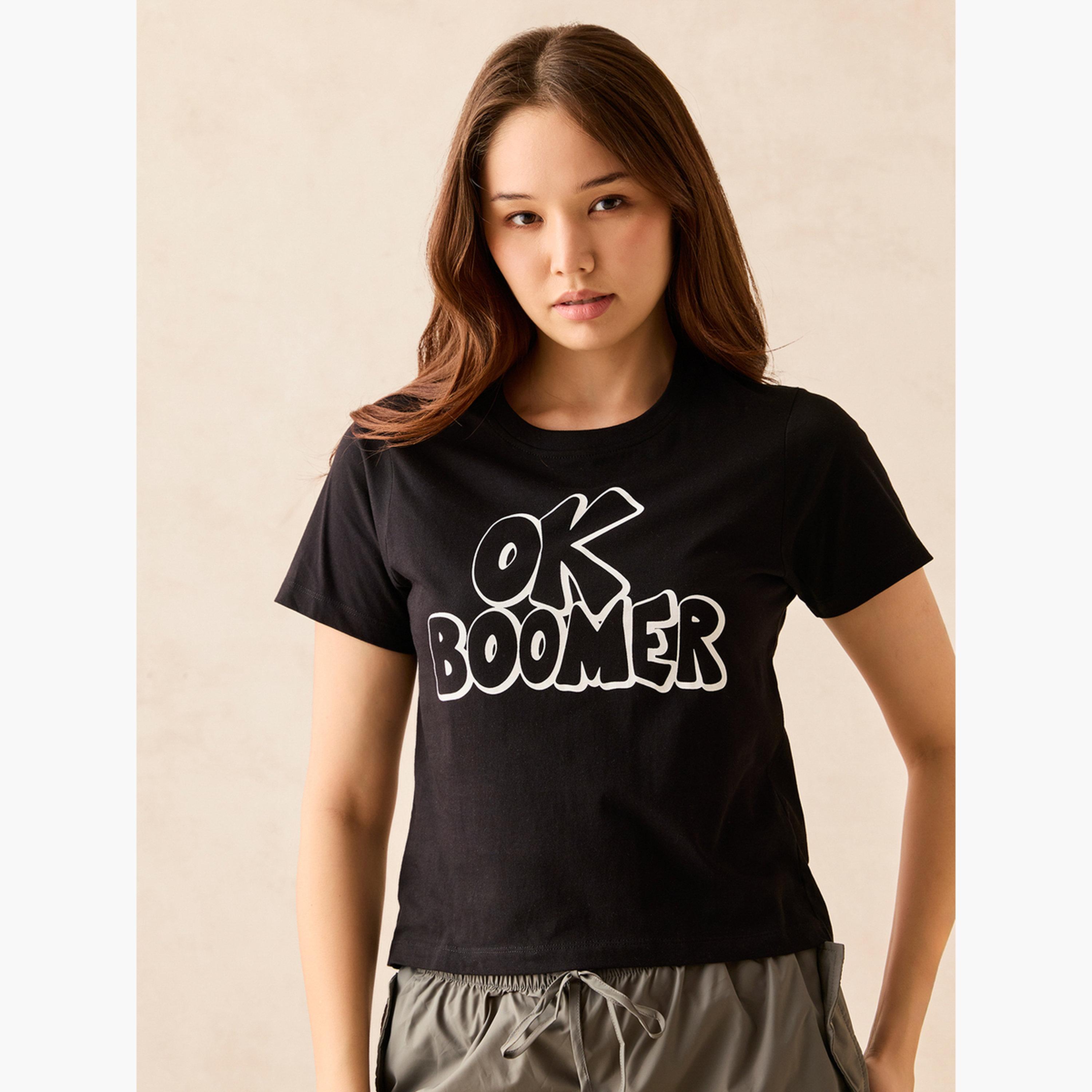 Outzidr X Styli Black Crew Neck Graphic T-Shirt - 100% Cotton-women-clothing-tshirts-image-1