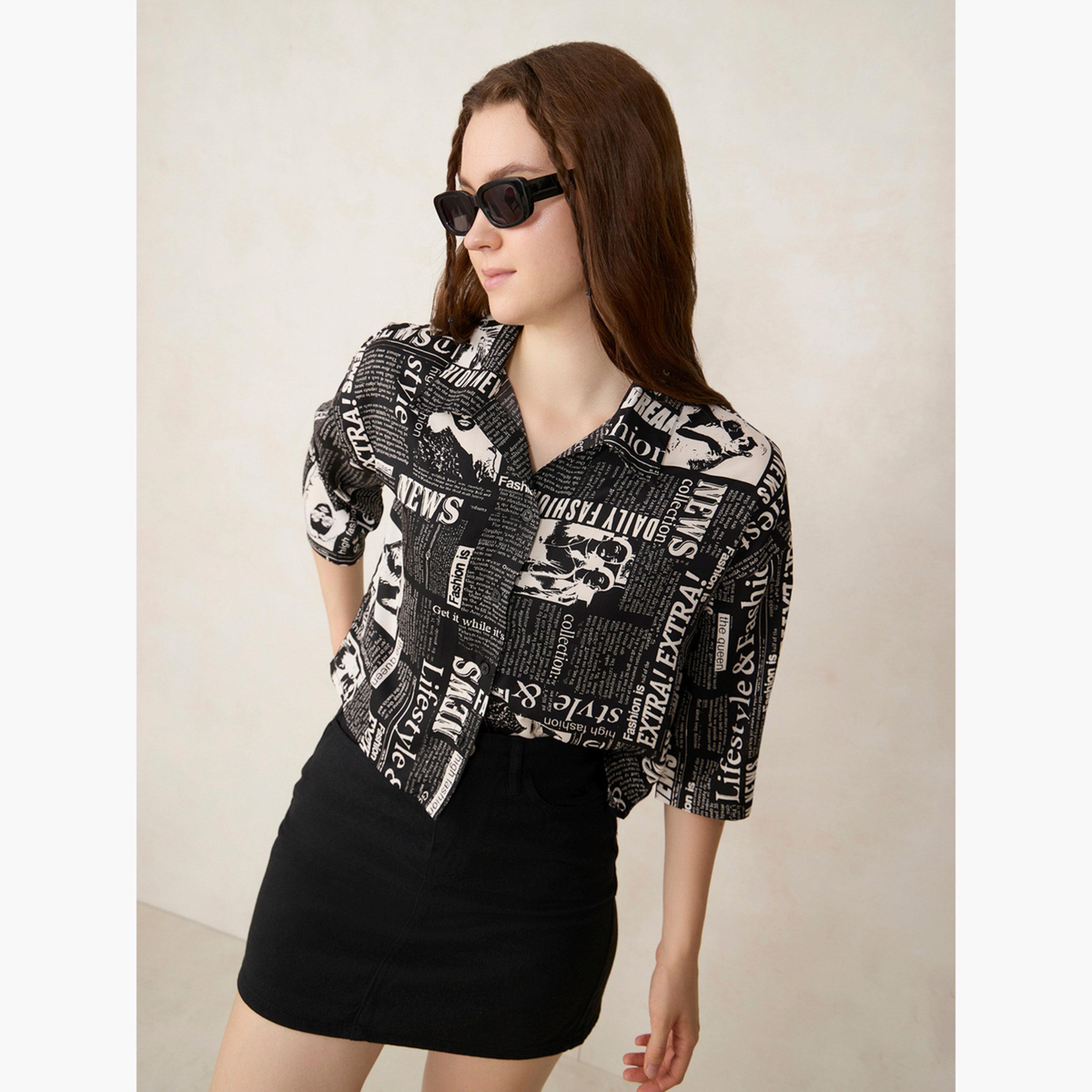 أوتزيدر × ستايلي - قميص قصير مطبوع عليه ورق أسود-women-clothing-shirtsandblouses-shirts-image-1