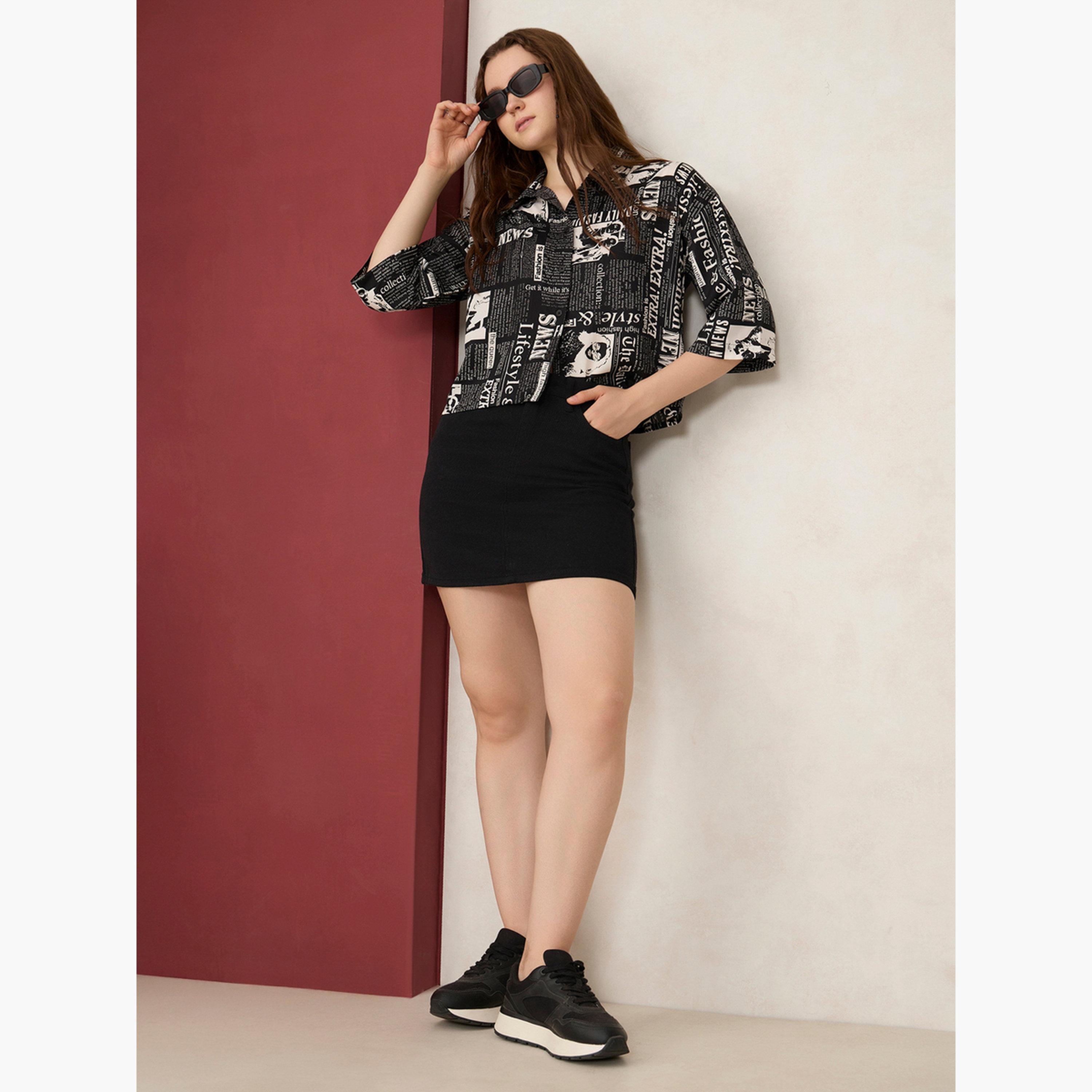 أوتزيدر × ستايلي - قميص قصير مطبوع عليه ورق أسود-women-clothing-shirtsandblouses-shirts-image-2