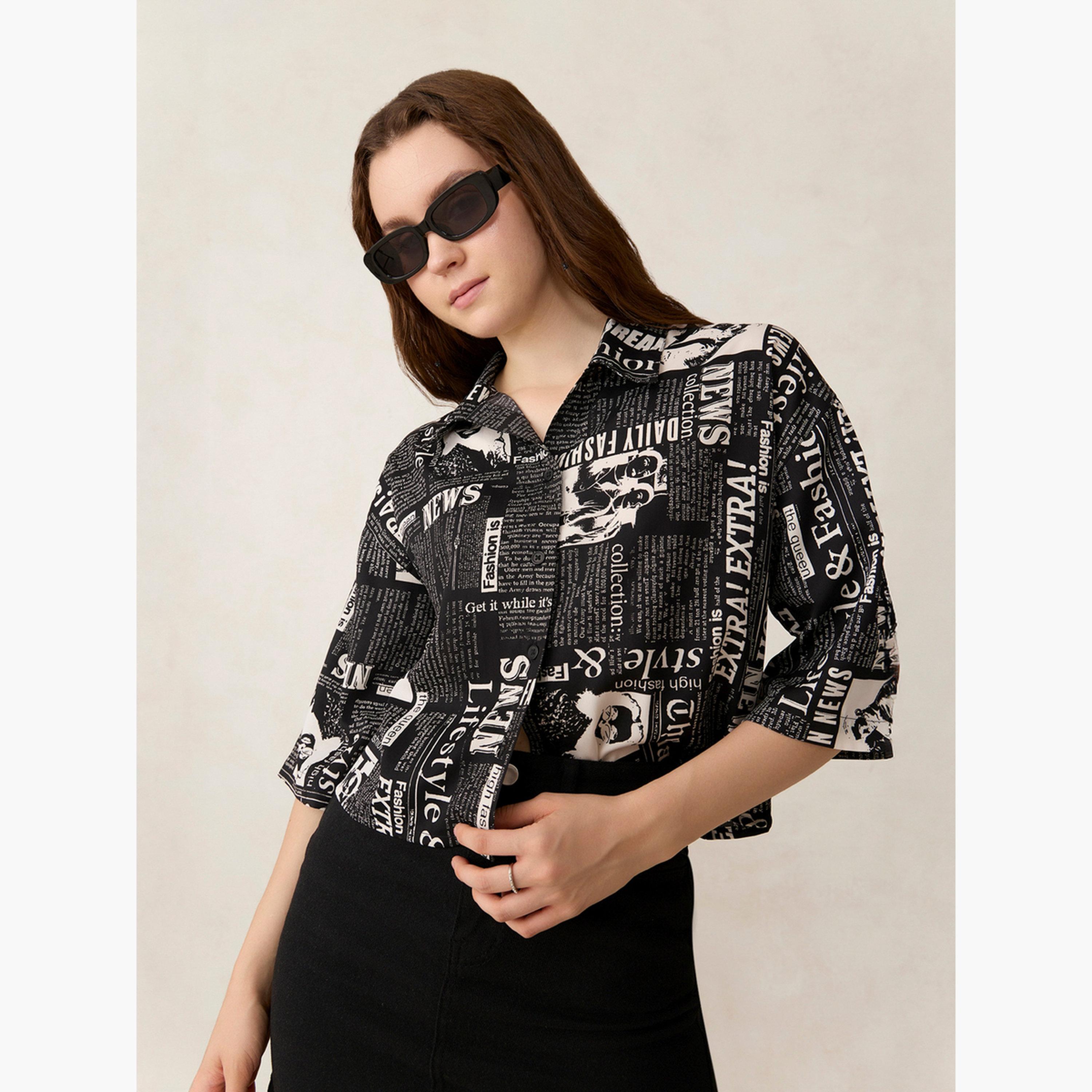 أوتزيدر × ستايلي - قميص قصير مطبوع عليه ورق أسود-women-clothing-shirtsandblouses-shirts-image-3