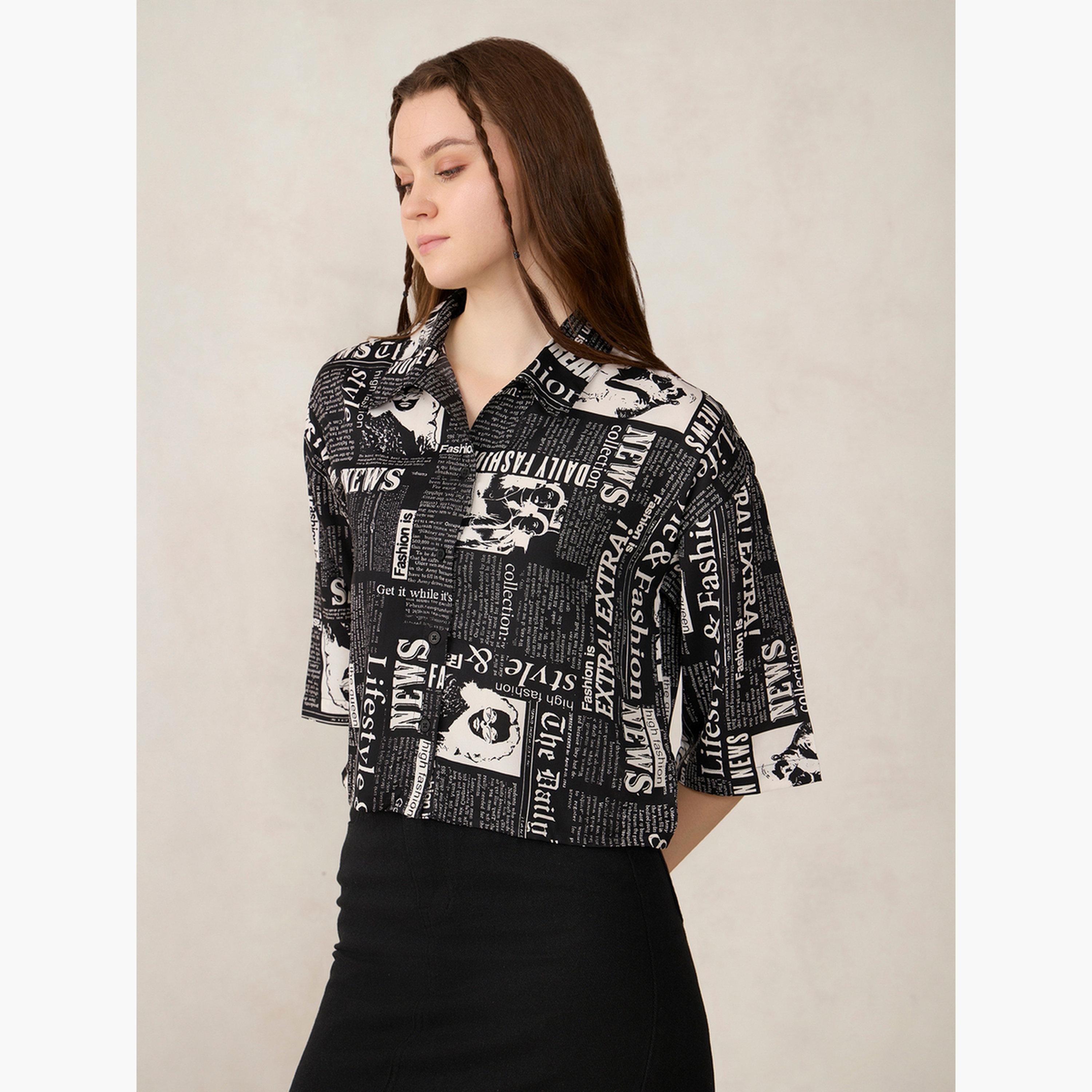 أوتزيدر × ستايلي - قميص قصير مطبوع عليه ورق أسود-women-clothing-shirtsandblouses-shirts-image-4
