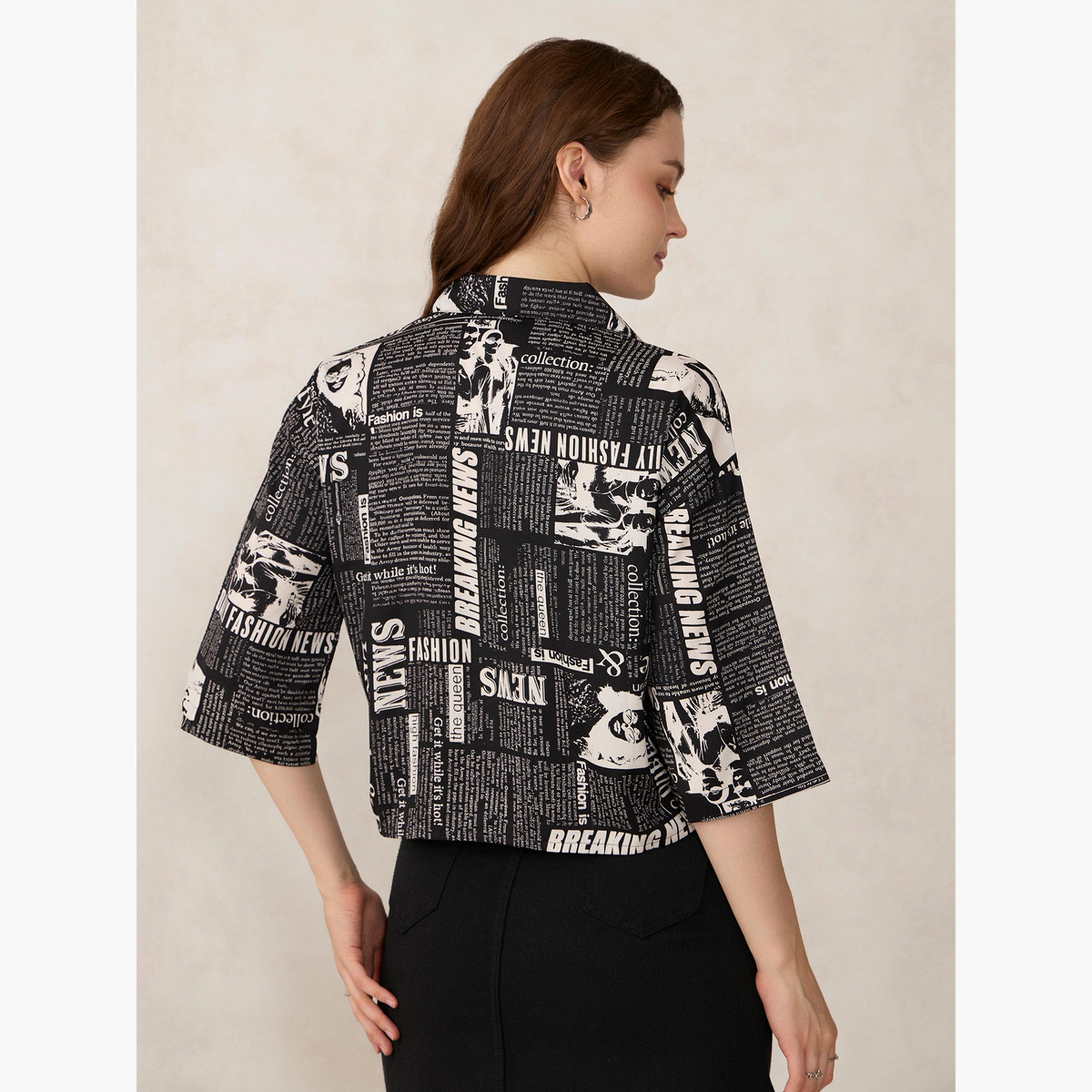 أوتزيدر × ستايلي - قميص قصير مطبوع عليه ورق أسود-women-clothing-shirtsandblouses-shirts-image-5