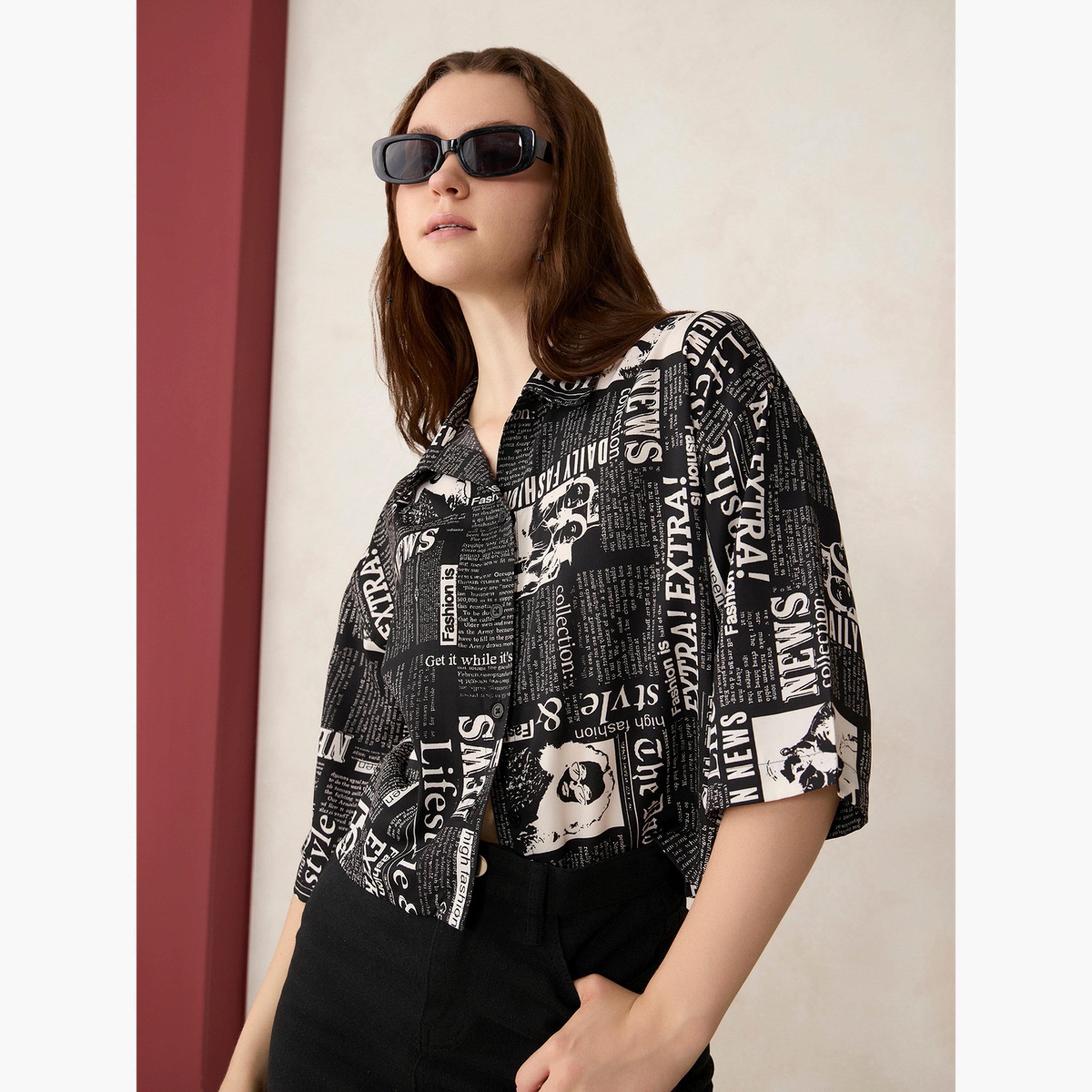 أوتزيدر × ستايلي - قميص قصير مطبوع عليه ورق أسود-women-clothing-shirtsandblouses-shirts-image-6