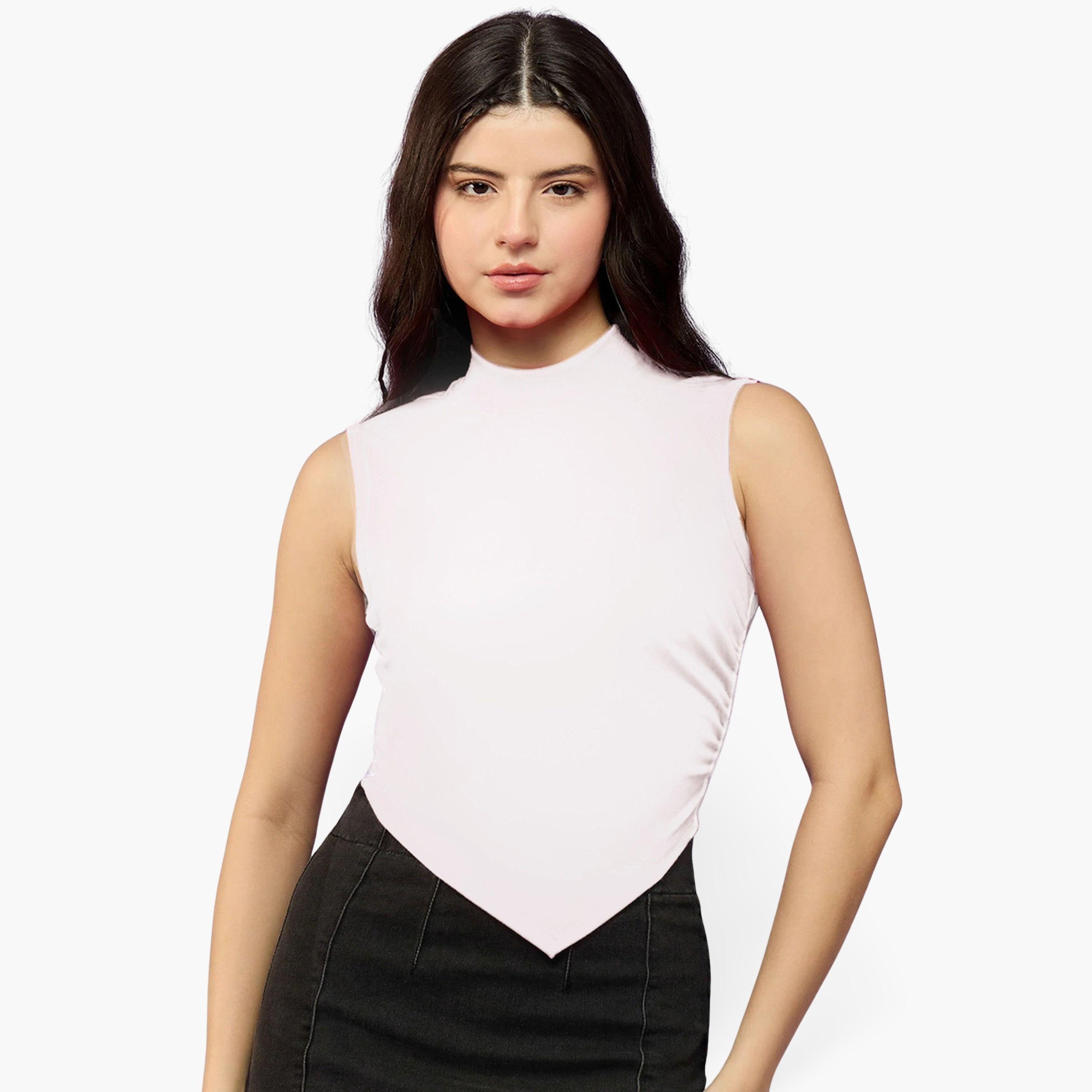 أوتزيدر × ستايلي - بلوزة بيضاء برقبة عالية مع كشكشة جانبية-women-clothing-shirtsandblouses-blouses-image-1