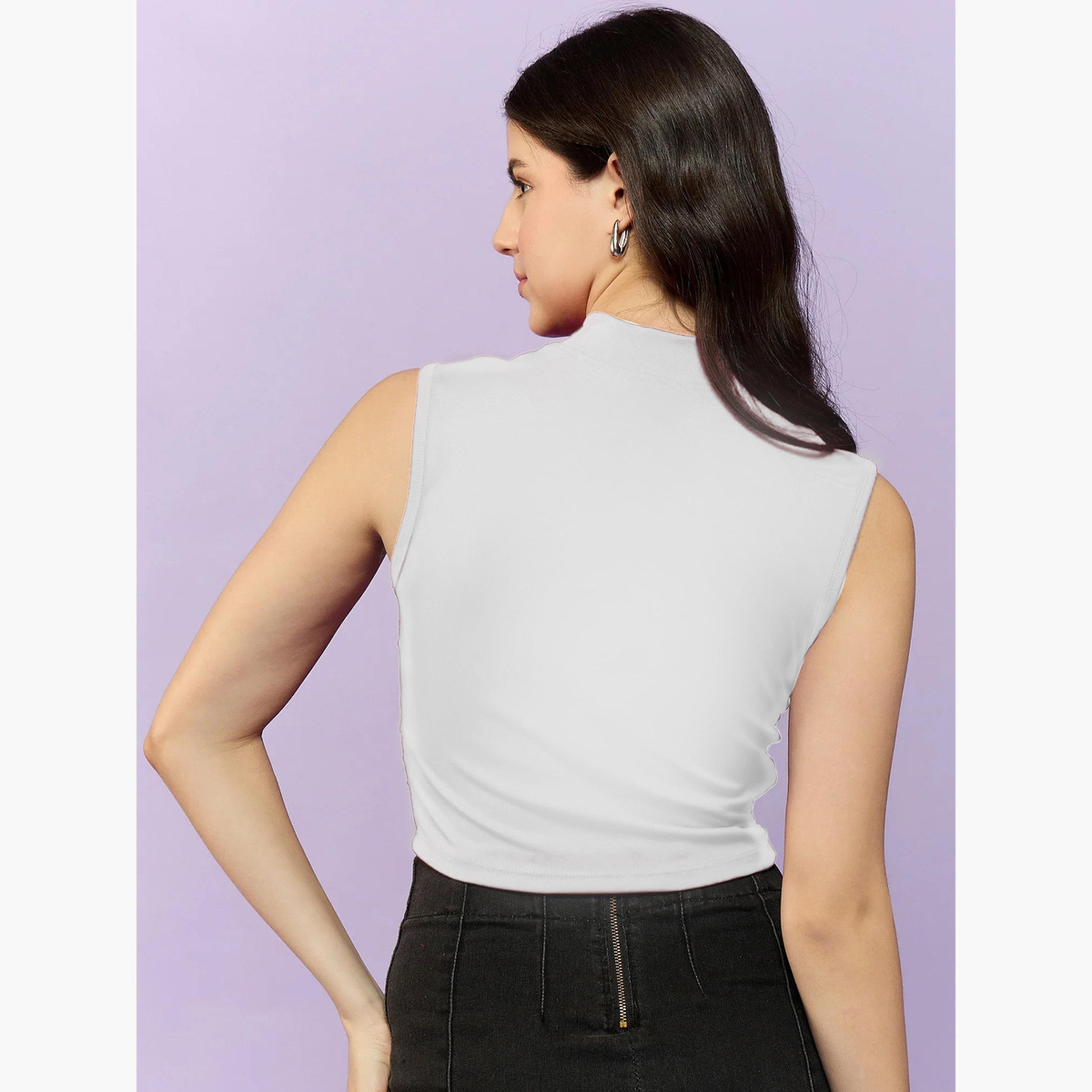 أوتزيدر × ستايلي - بلوزة بيضاء برقبة عالية مع كشكشة جانبية-women-clothing-shirtsandblouses-blouses-image-3