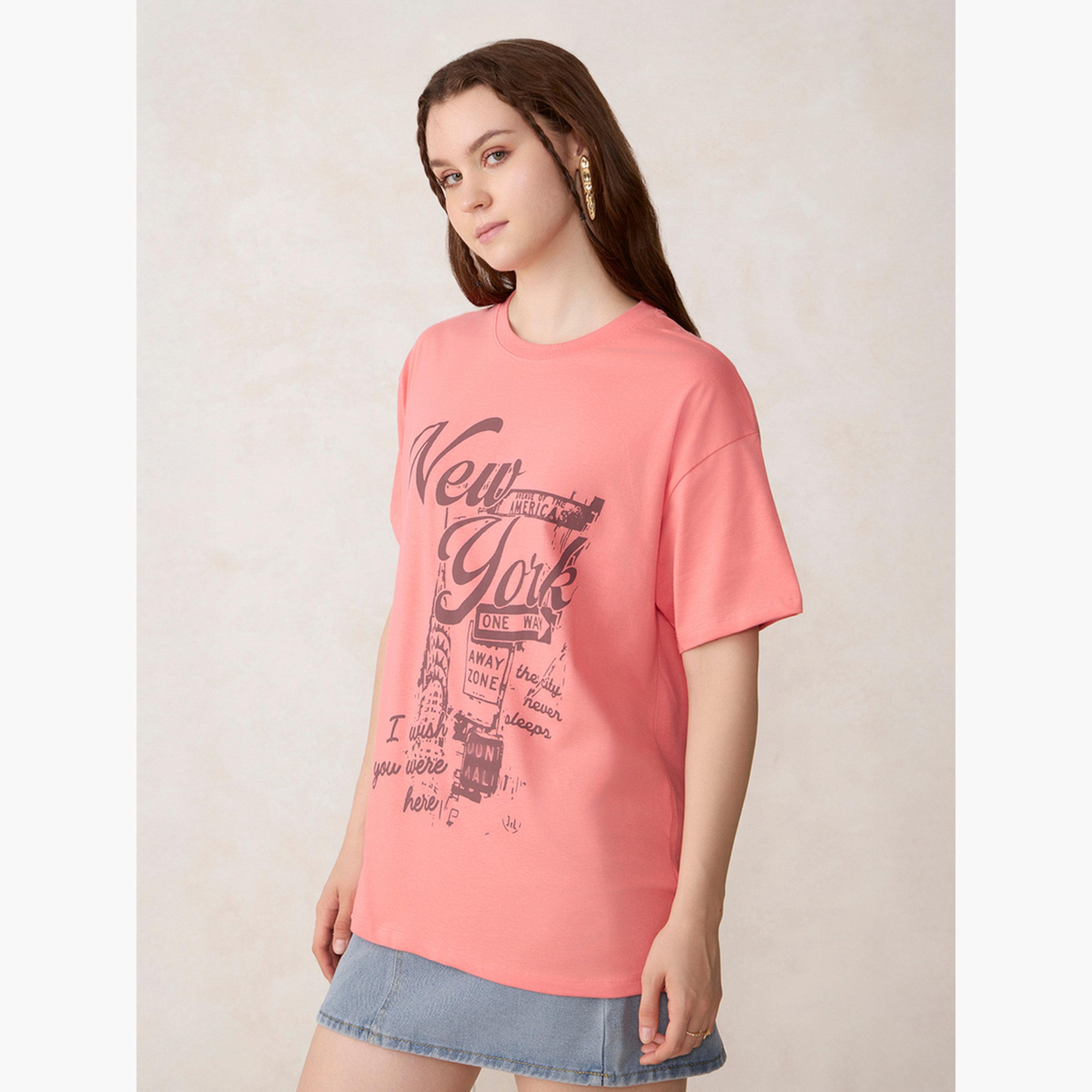 Outzidr X Styli Pink Graphic Oversized T-Shirt - 100% Cotton-women-clothing-tshirts-image-1