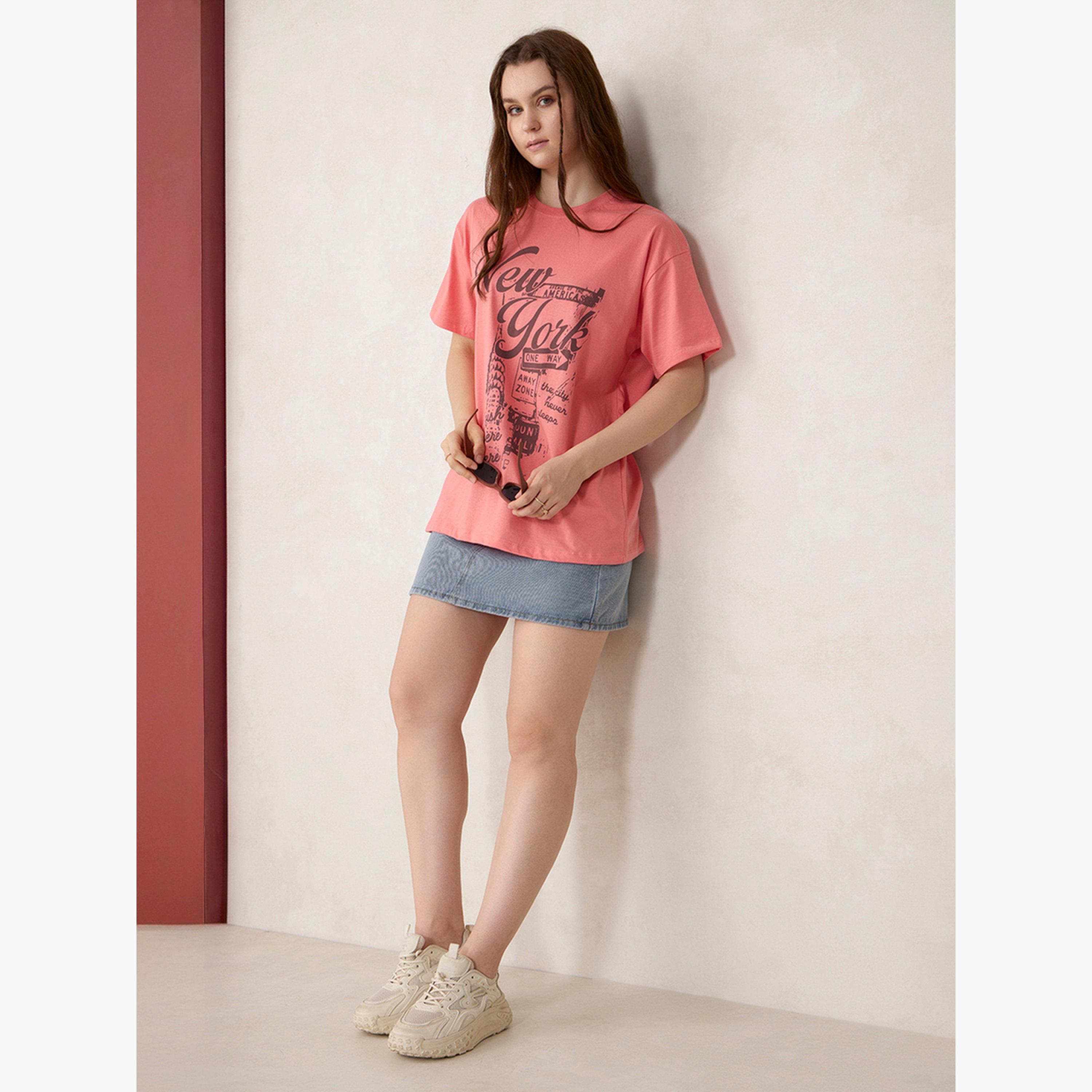 Outzidr X Styli Pink Graphic Oversized T-Shirt - 100% Cotton-women-clothing-tshirts-image-2