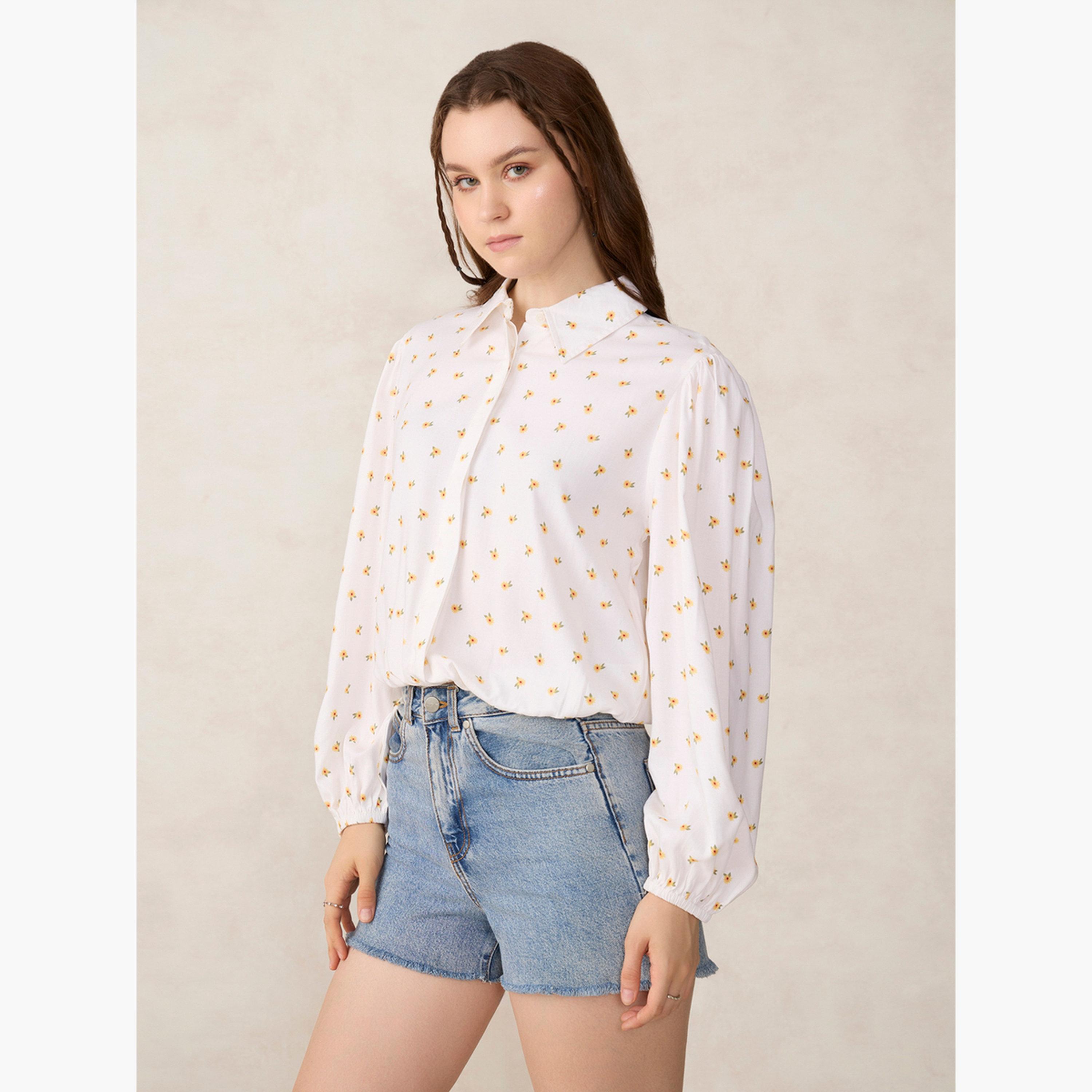 أوتزيدر × ستايلي - قميص قصير مطبوع بأكمام منفوخة باللون الأبيض-women-clothing-shirtsandblouses-shirts-image-1