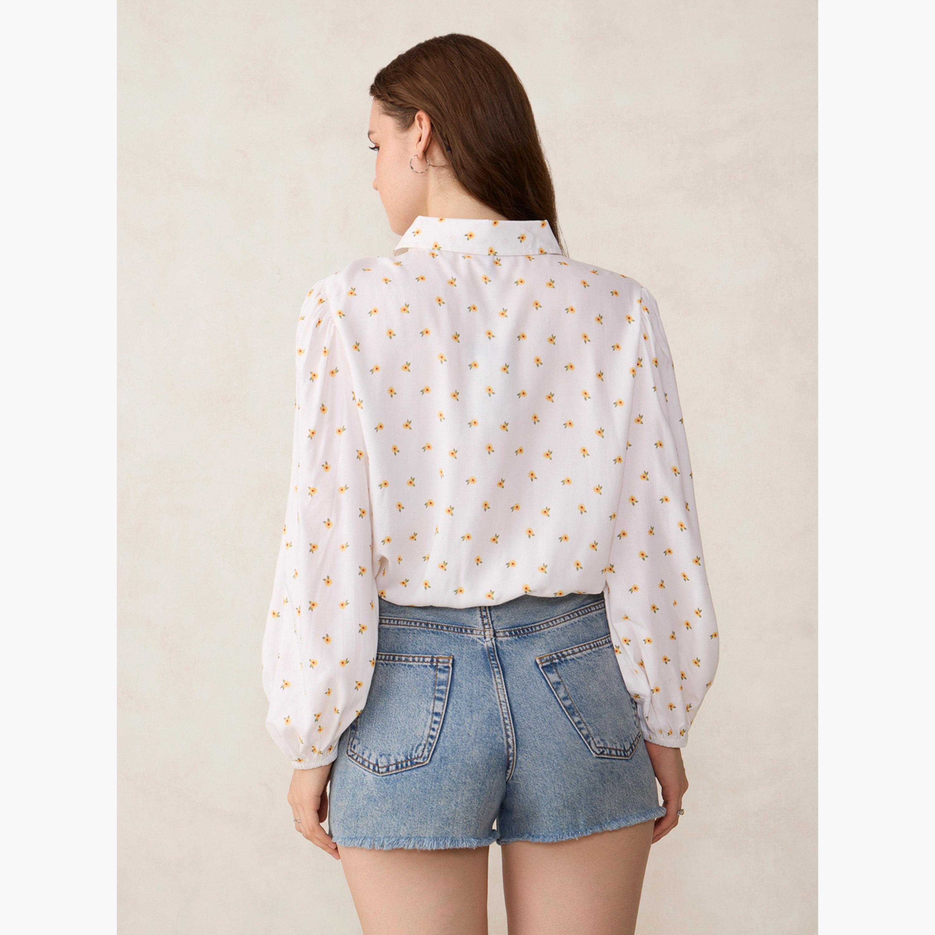 أوتزيدر × ستايلي - قميص قصير مطبوع بأكمام منفوخة باللون الأبيض-women-clothing-shirtsandblouses-shirts-image-3
