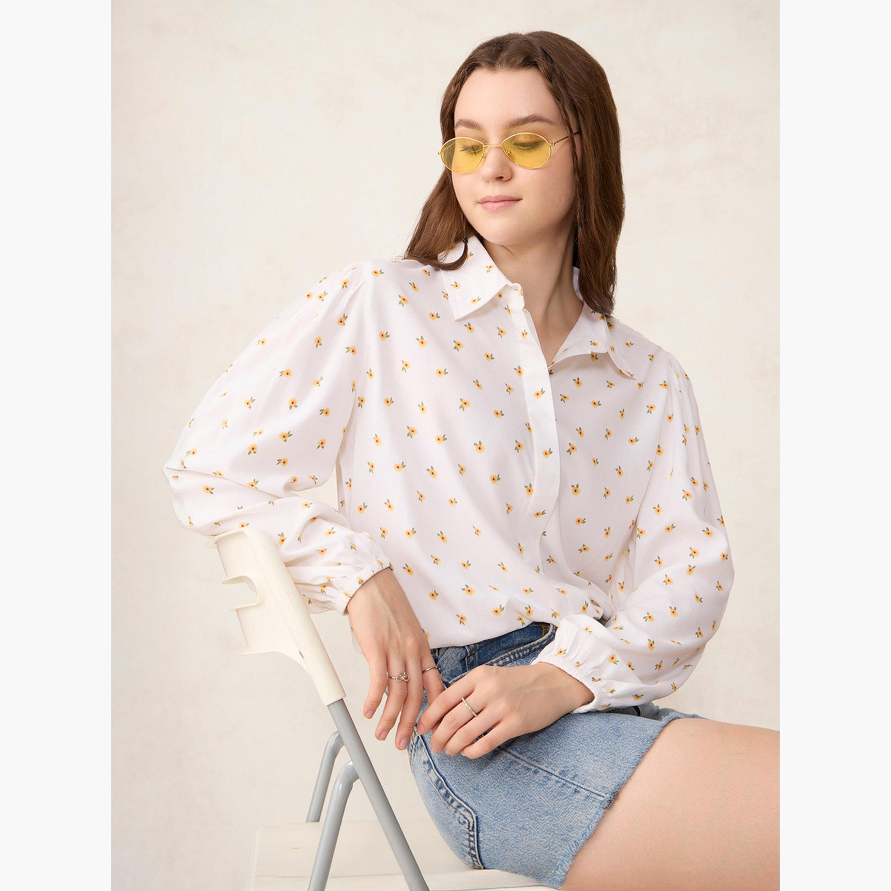 أوتزيدر × ستايلي - قميص قصير مطبوع بأكمام منفوخة باللون الأبيض-women-clothing-shirtsandblouses-shirts-image-4