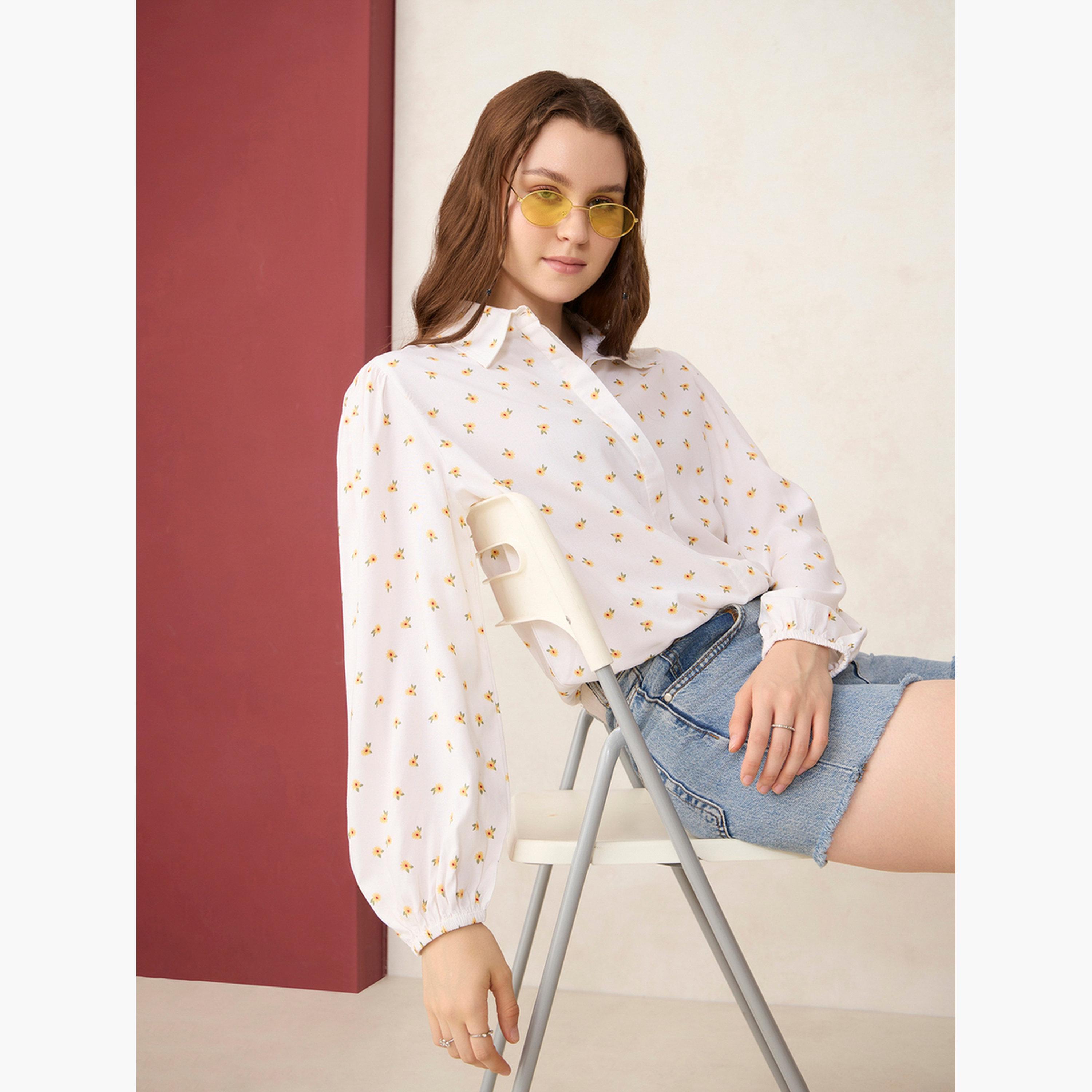 أوتزيدر × ستايلي - قميص قصير مطبوع بأكمام منفوخة باللون الأبيض-women-clothing-shirtsandblouses-shirts-image-5