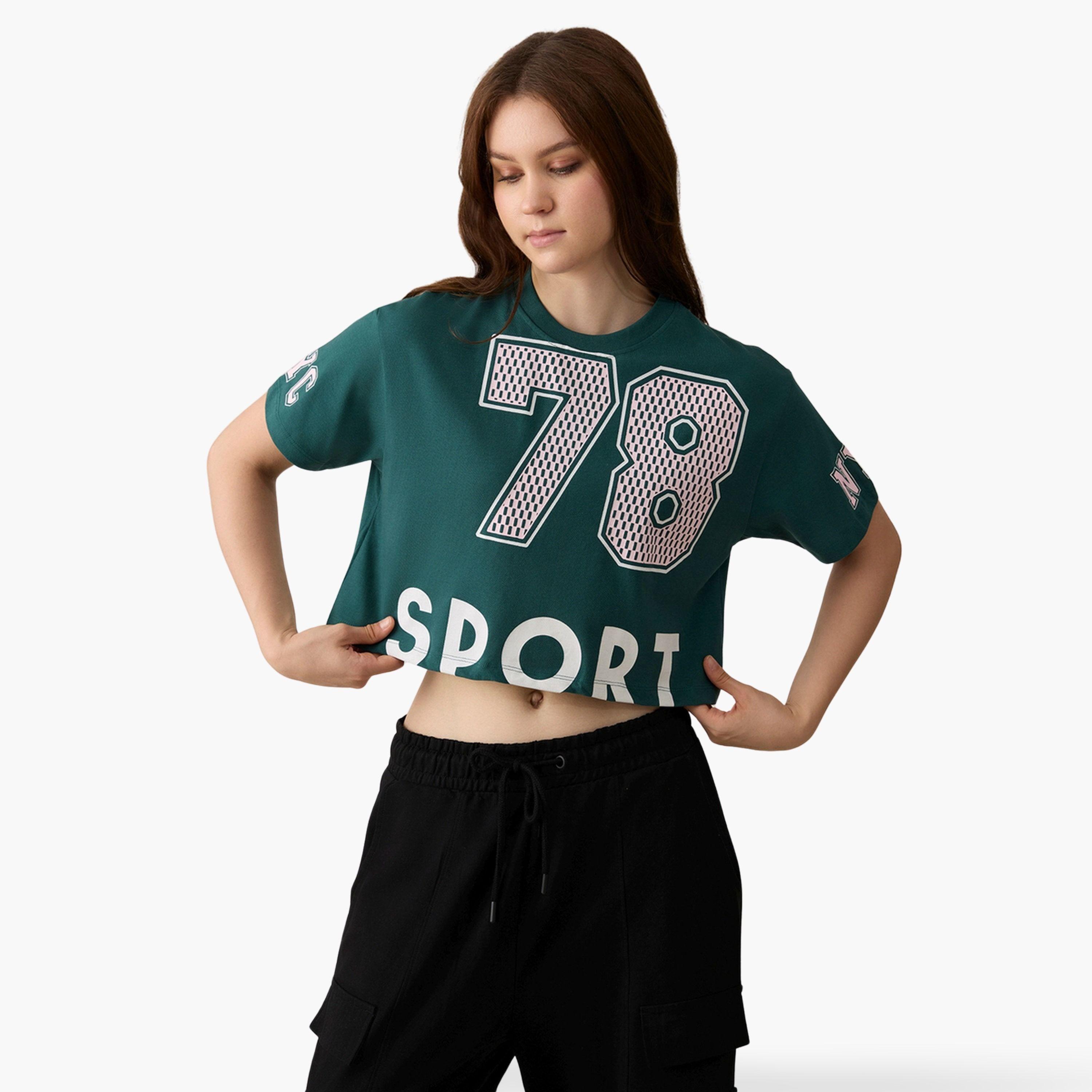 أوتزيدر × ستايلي - تي شيرت أخضر قصير برسومات غرافيكية - قطن 100%-women-clothing-tshirts-image-1