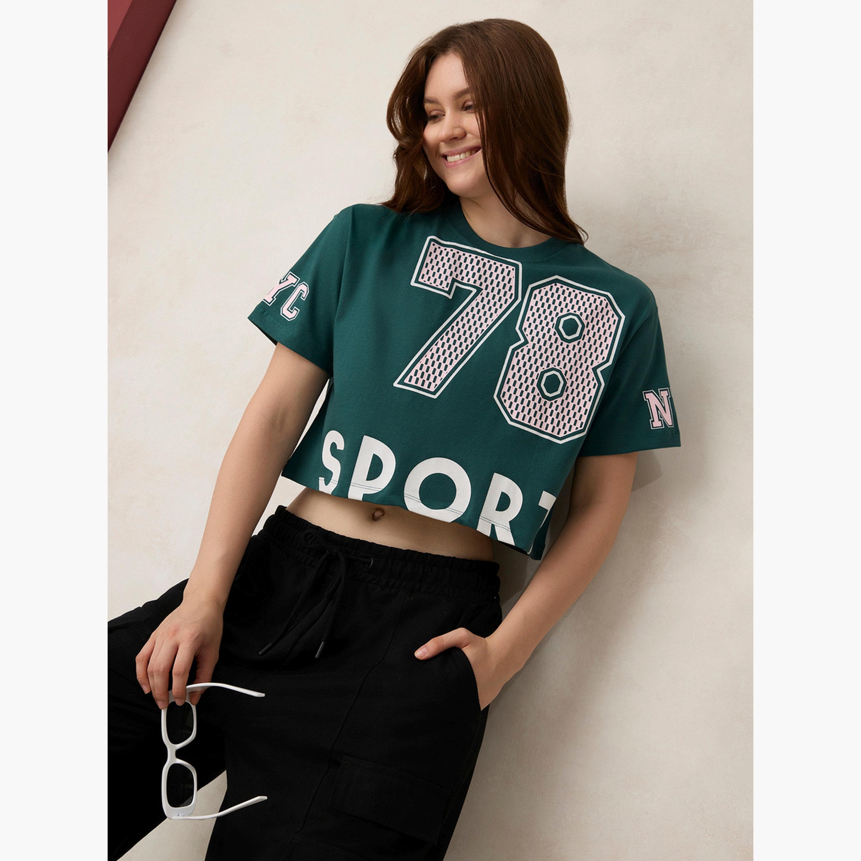 Outzidr X Styli Green Graphic Boxy Crop T-Shirt - 100% Cotton-women-clothing-tshirts-image-2