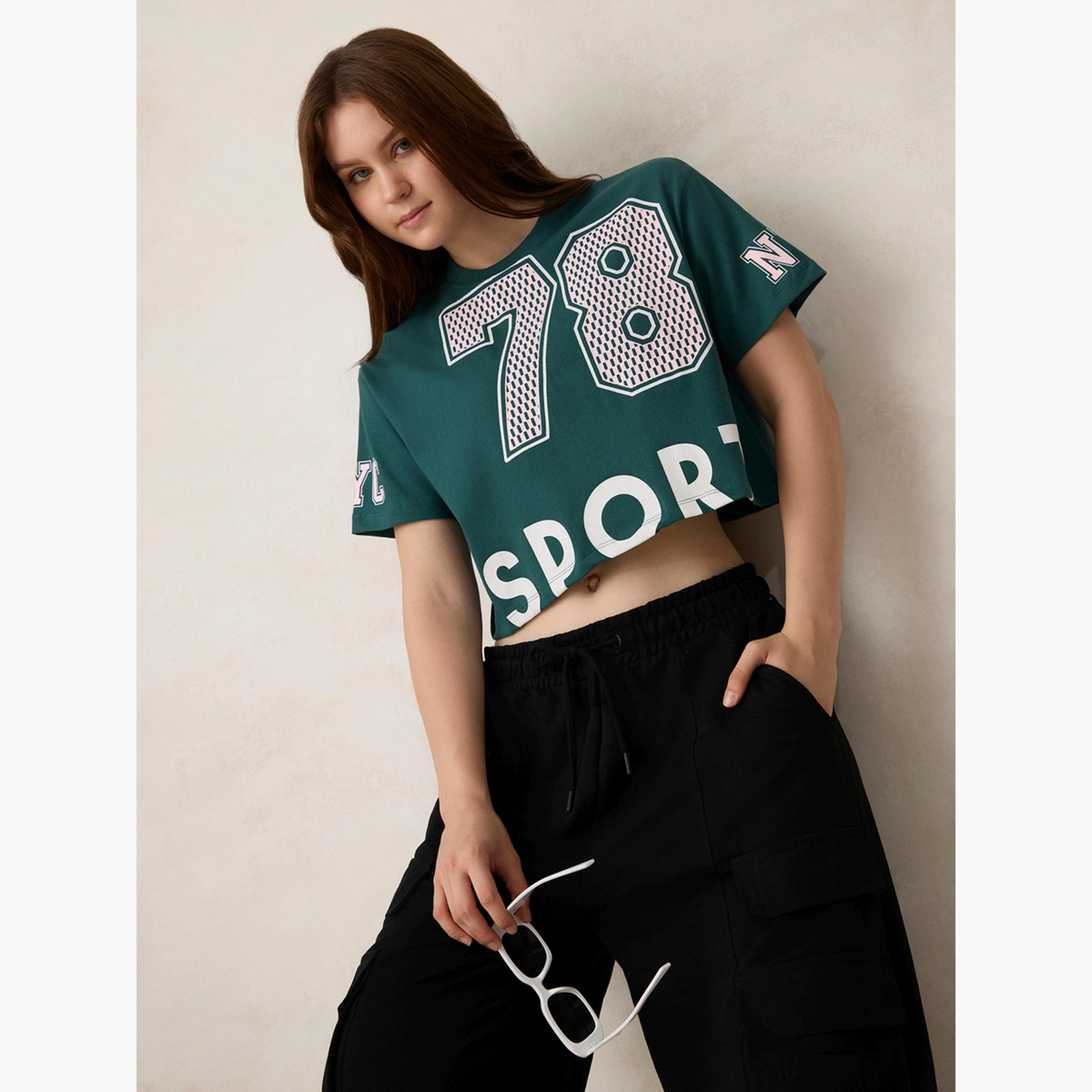 Outzidr X Styli Green Graphic Boxy Crop T-Shirt - 100% Cotton-women-clothing-tshirts-image-3