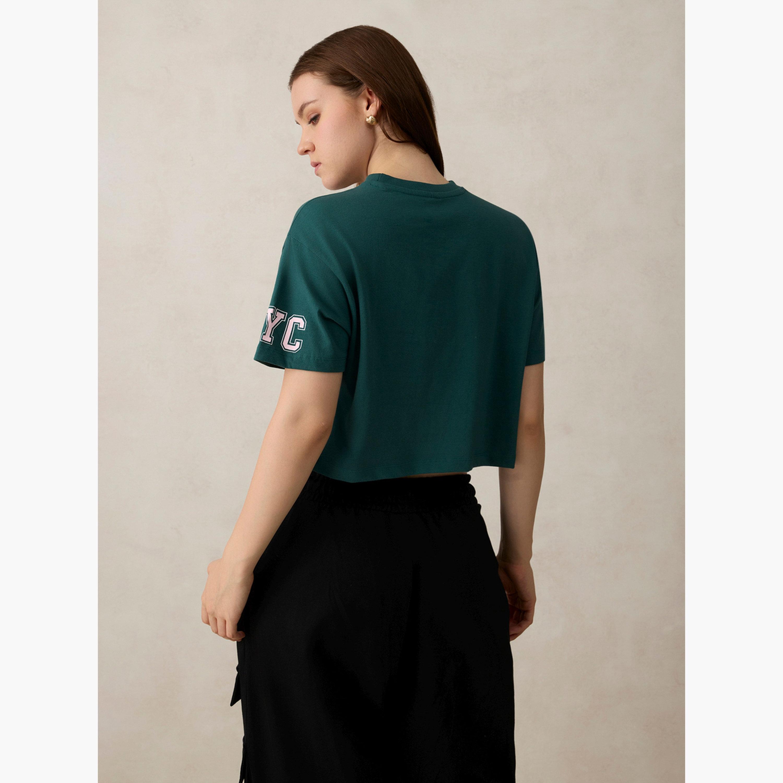 Outzidr X Styli Green Graphic Boxy Crop T-Shirt - 100% Cotton-women-clothing-tshirts-image-6