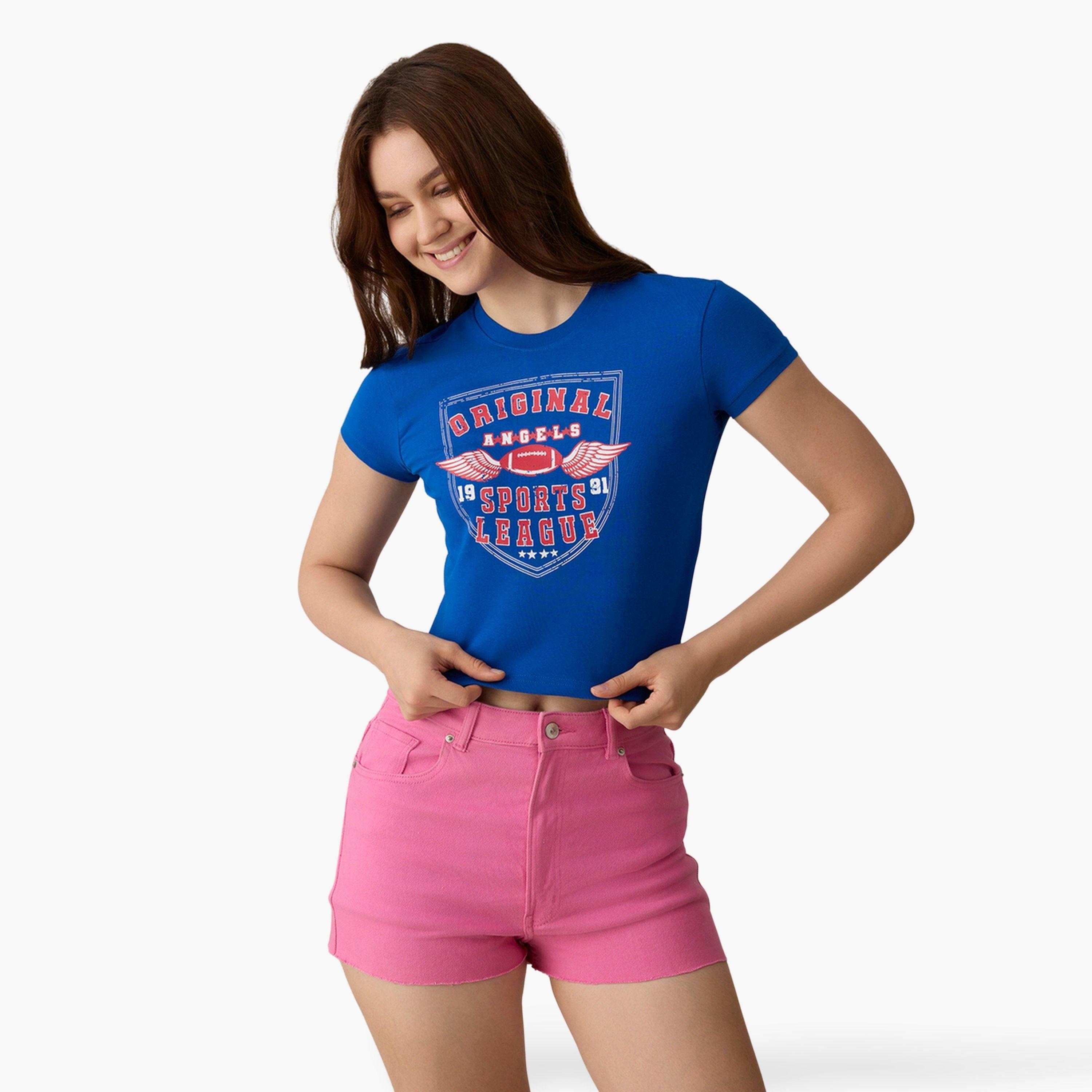 أوتزيدر × ستايلي - تي شيرت قصير برسومات زرقاء - قطن 100%-women-clothing-tshirts-image-1