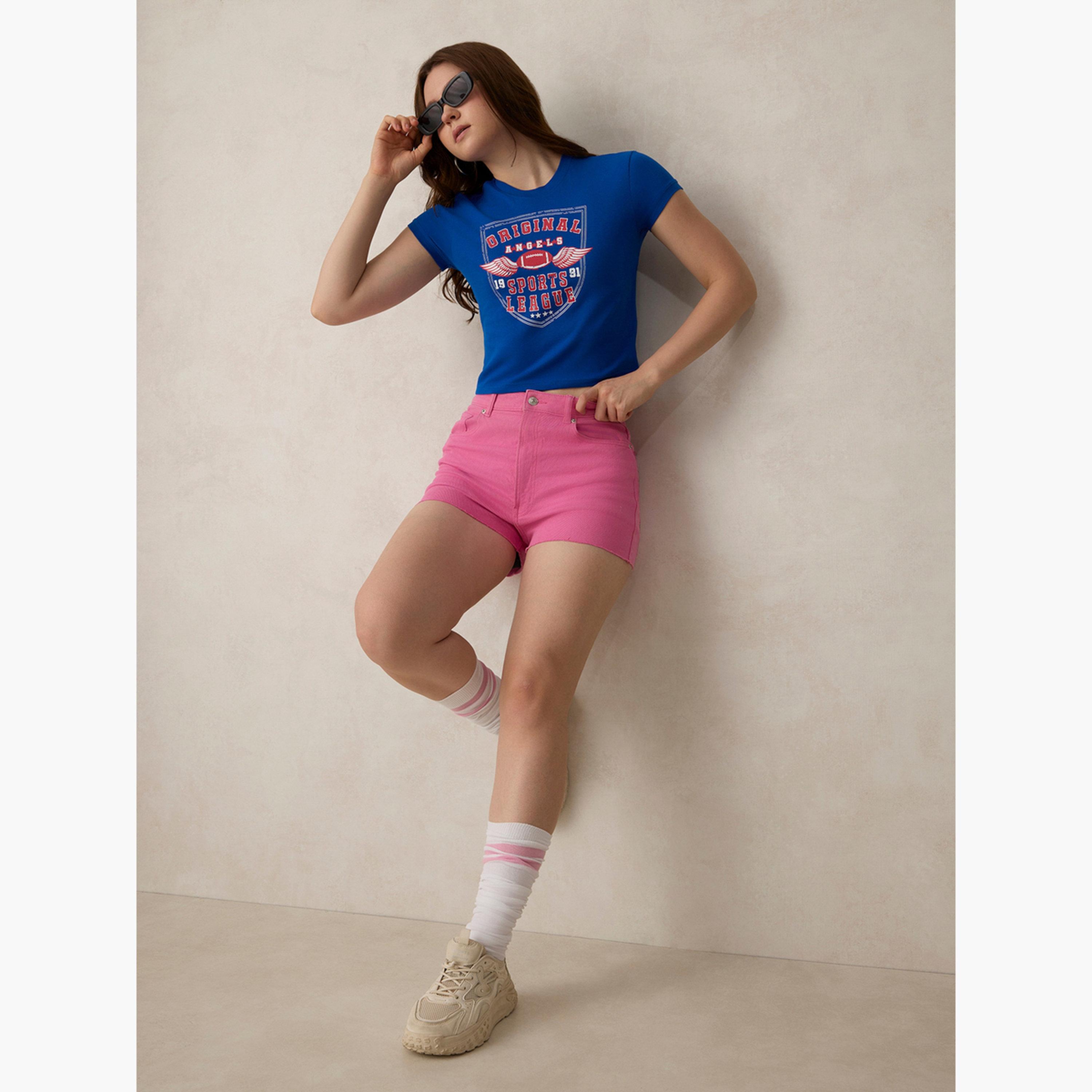أوتزيدر × ستايلي - تي شيرت قصير برسومات زرقاء - قطن 100%-women-clothing-tshirts-image-2