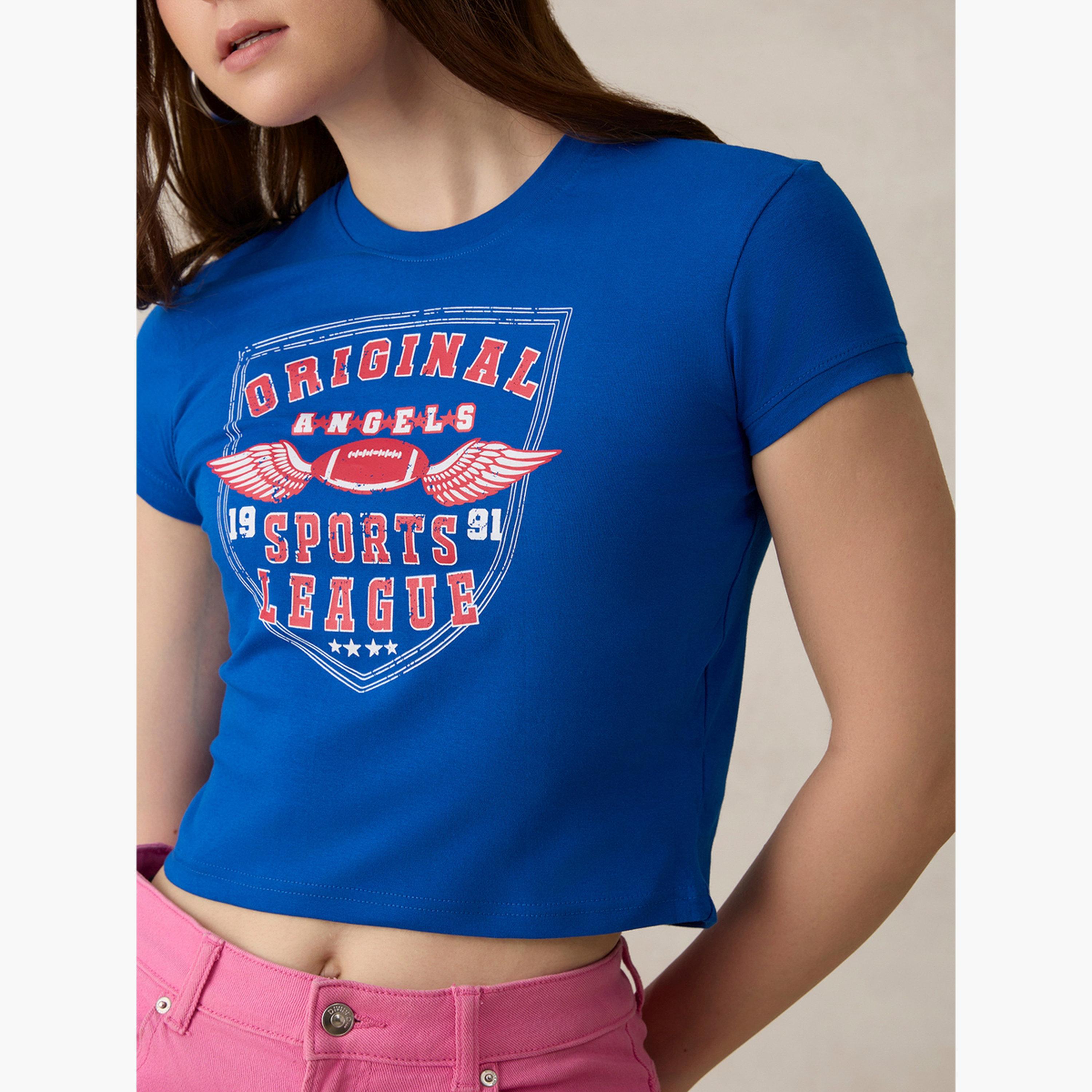أوتزيدر × ستايلي - تي شيرت قصير برسومات زرقاء - قطن 100%-women-clothing-tshirts-image-5