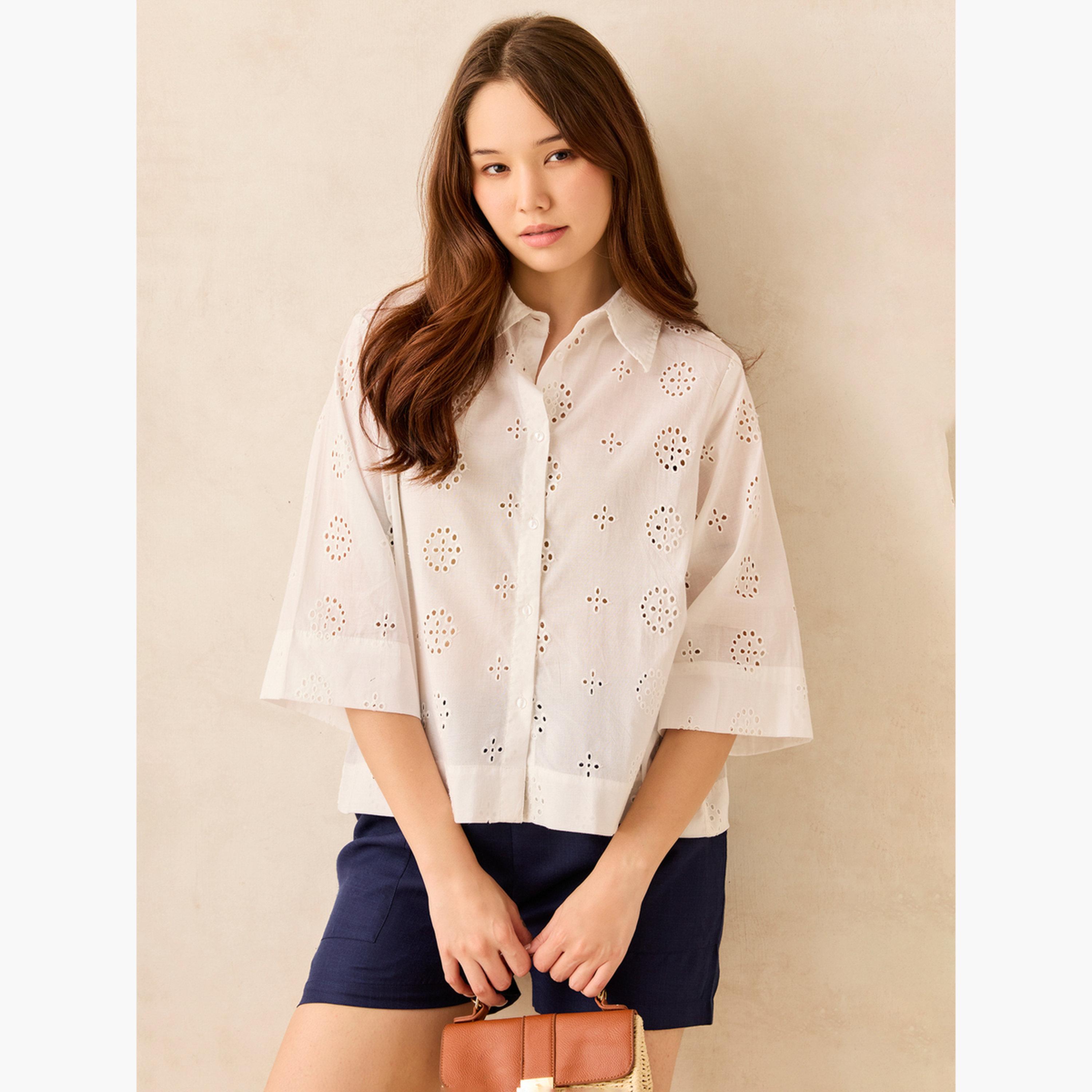 Outzidr X Styli White Cotton Schiffli Boxy Shirt-women-clothing-shirtsandblouses-shirts-image-1