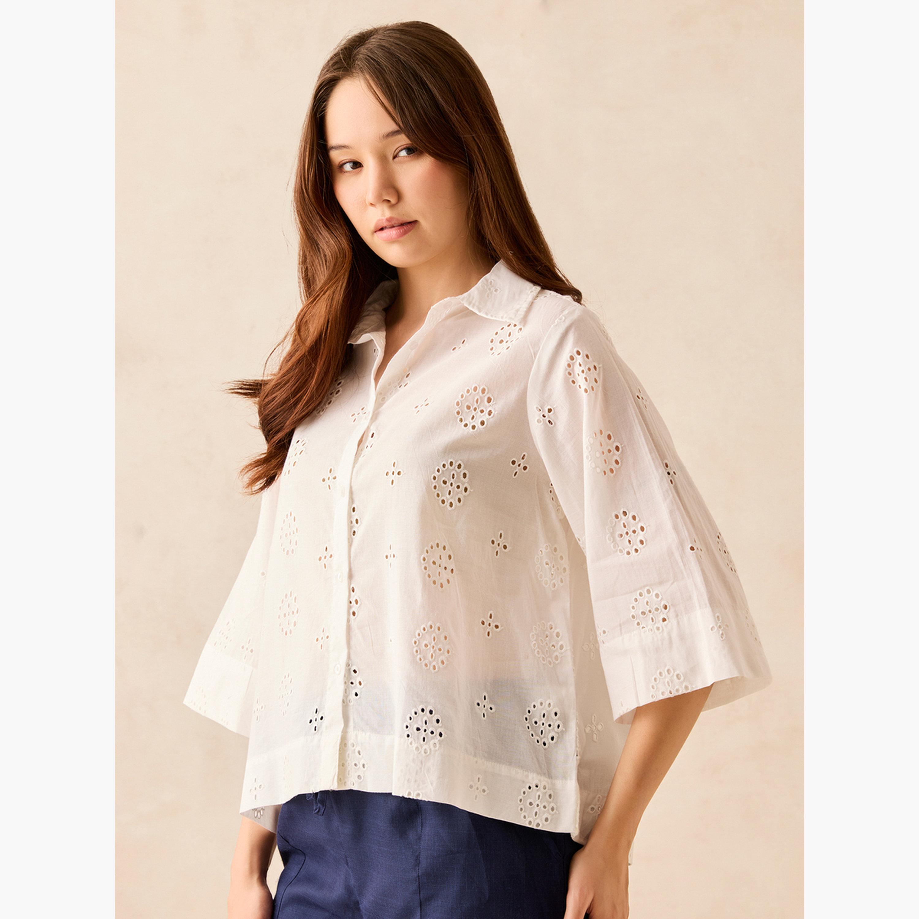 أوتزيدر × ستايلي - قميص شيفلي بوكسي من القطن الأبيض-women-clothing-shirtsandblouses-shirts-image-3