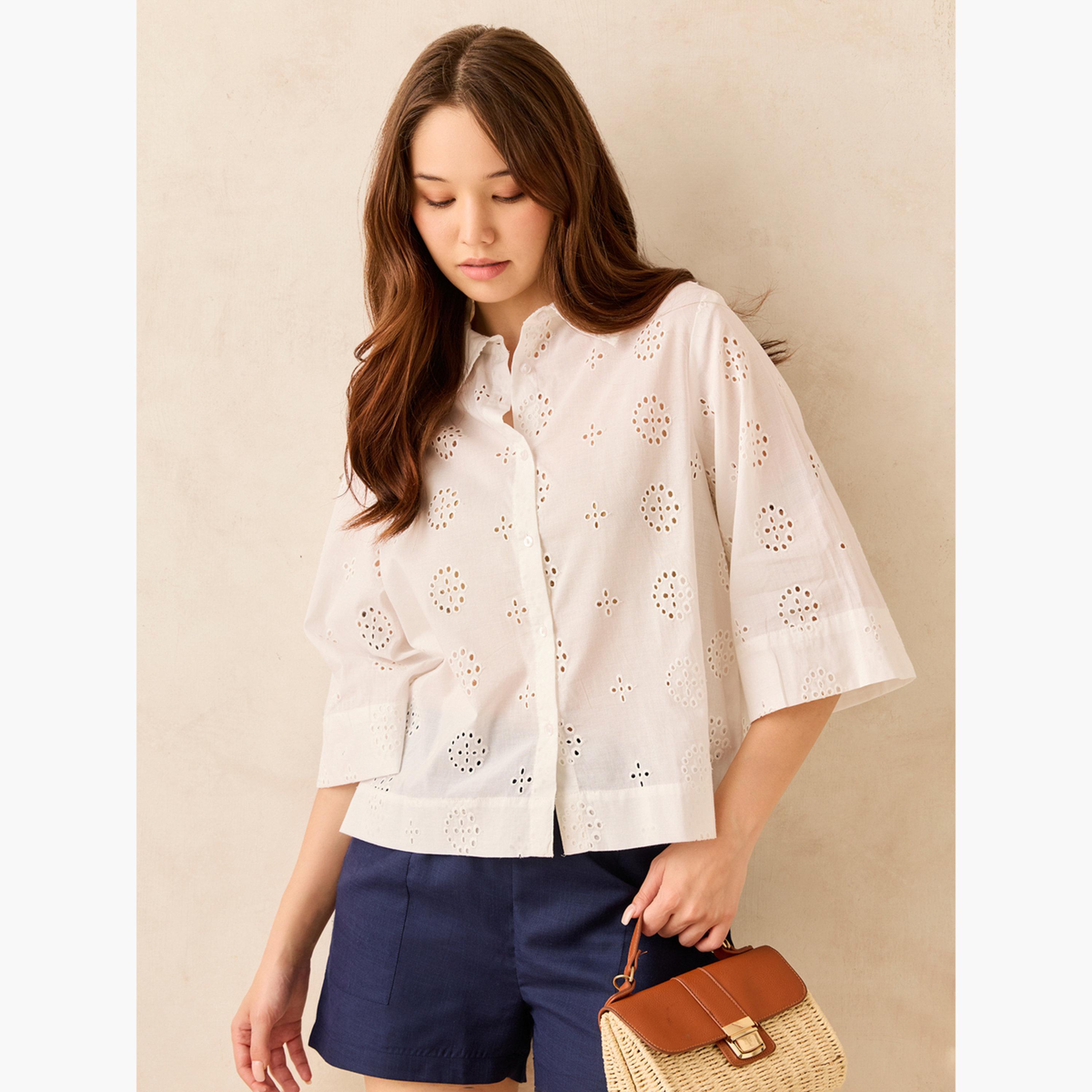 Outzidr X Styli White Cotton Schiffli Boxy Shirt-women-clothing-shirtsandblouses-shirts-image-5