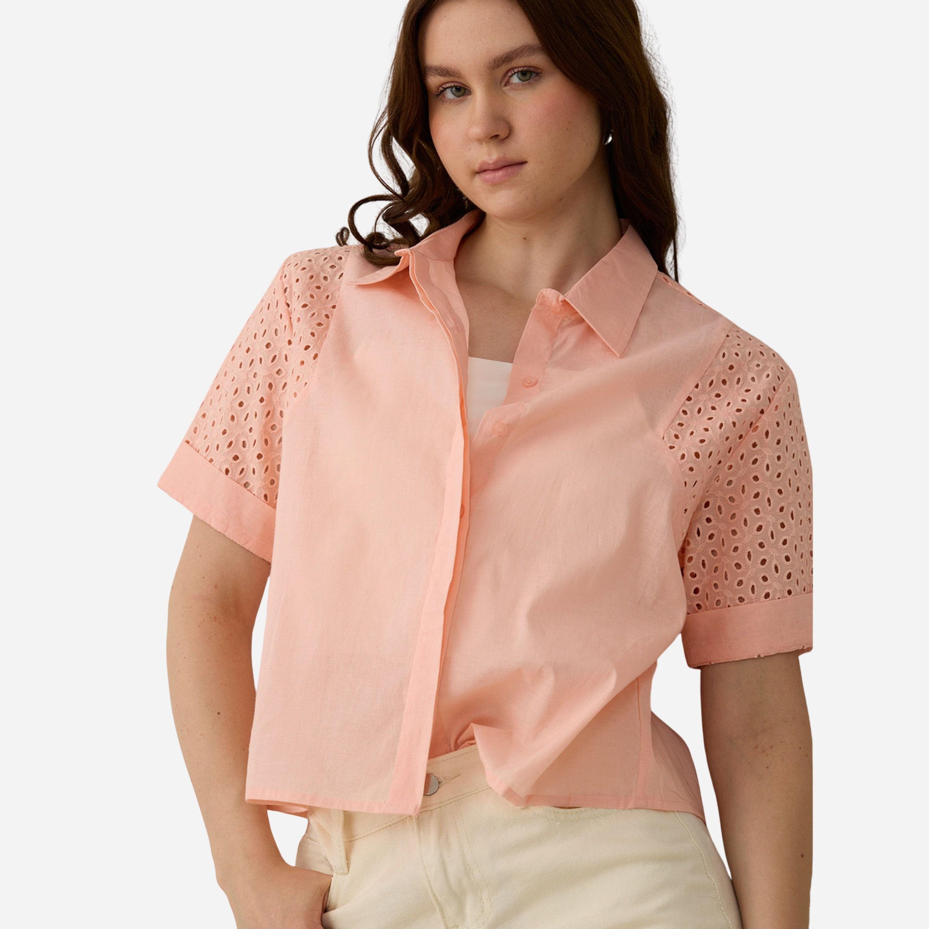 Outzidr X Styli Coral Schiffli Sleeve Crop Shirt-women-clothing-shirtsandblouses-blouses-image-1