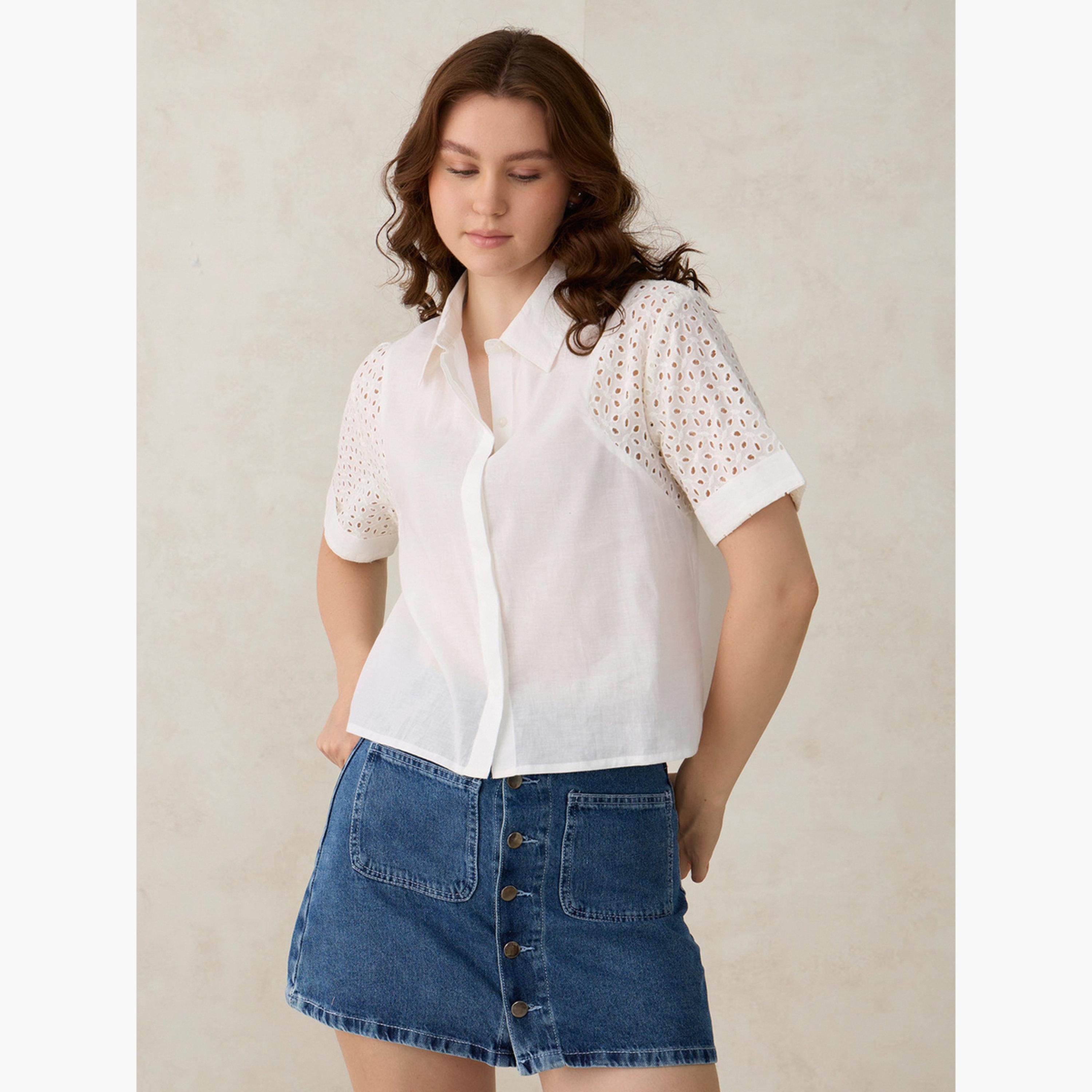 Outzidr X Styli White Schiffli Sleeve Crop Shirt-women-clothing-shirtsandblouses-shirts-image-1