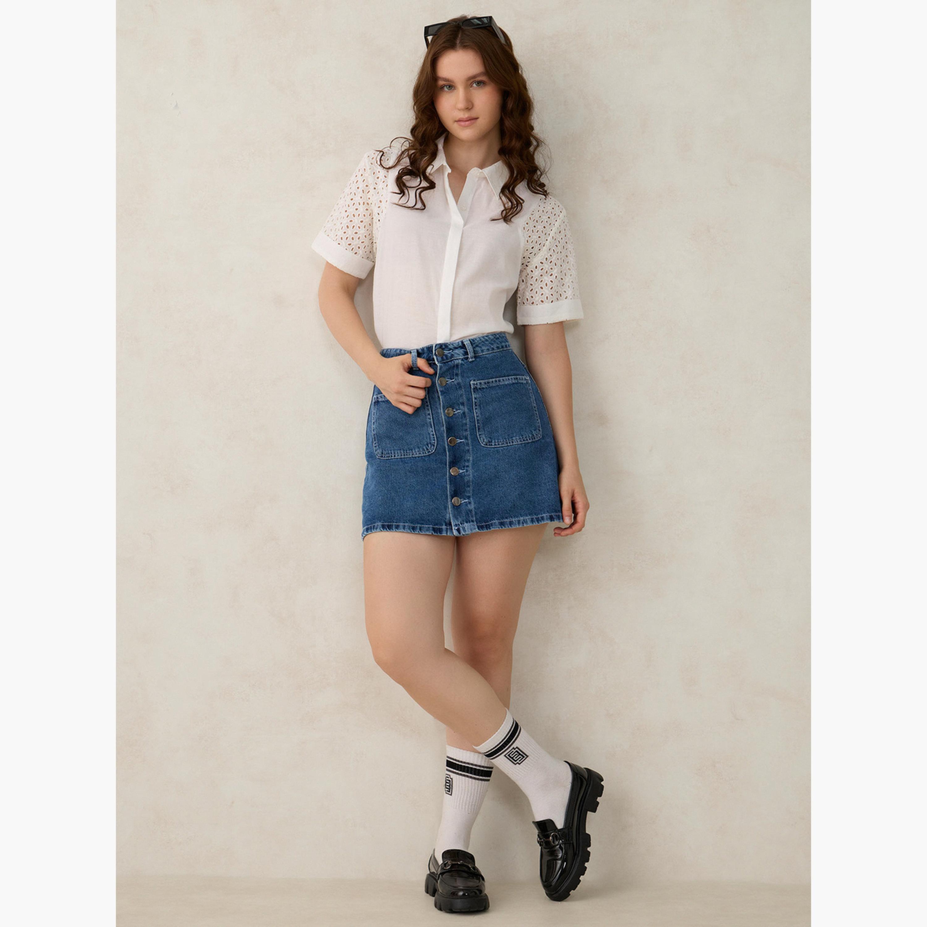 Outzidr X Styli White Schiffli Sleeve Crop Shirt-women-clothing-shirtsandblouses-shirts-image-2