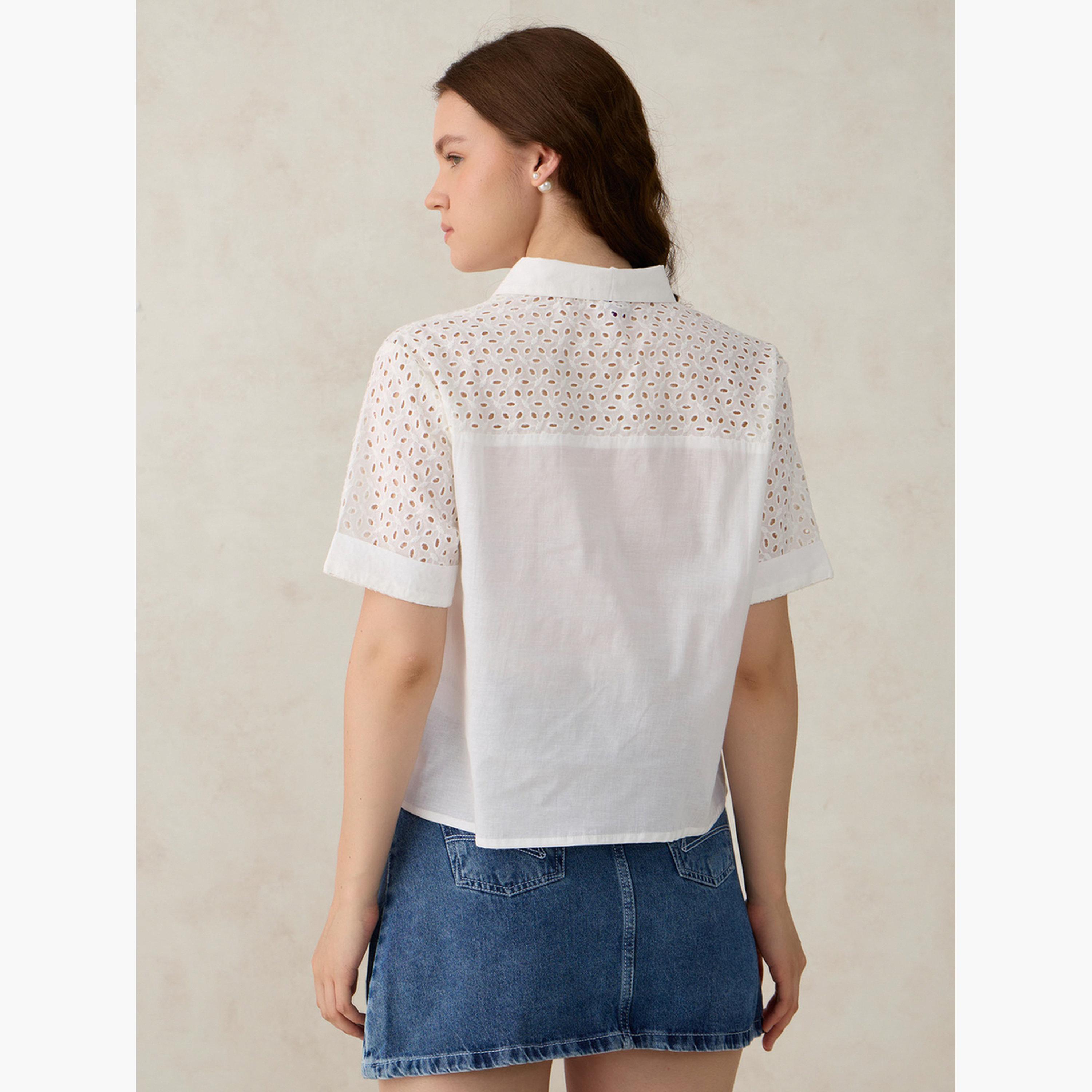 Outzidr X Styli White Schiffli Sleeve Crop Shirt-women-clothing-shirtsandblouses-shirts-image-3