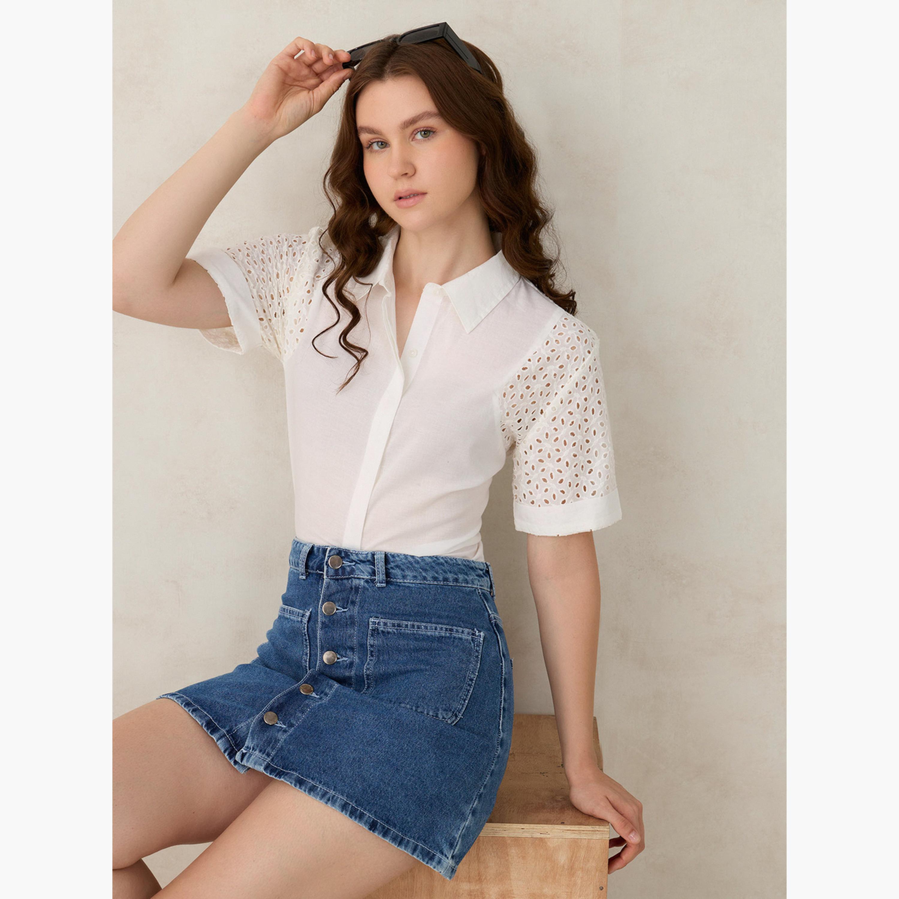 Outzidr X Styli White Schiffli Sleeve Crop Shirt-women-clothing-shirtsandblouses-shirts-image-4